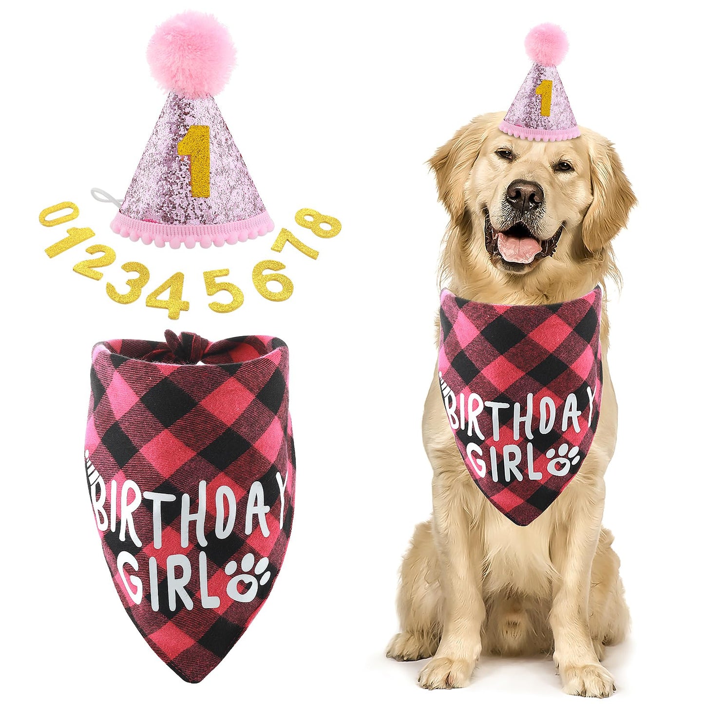 Cobee Dog Birthday Bandana Hat Number Set, 10 Pieces Dog Girl Birthday Party Supplies Pet Bandana Party Bling Hat with 8 Glitter Number for Small Medium Large Dogs