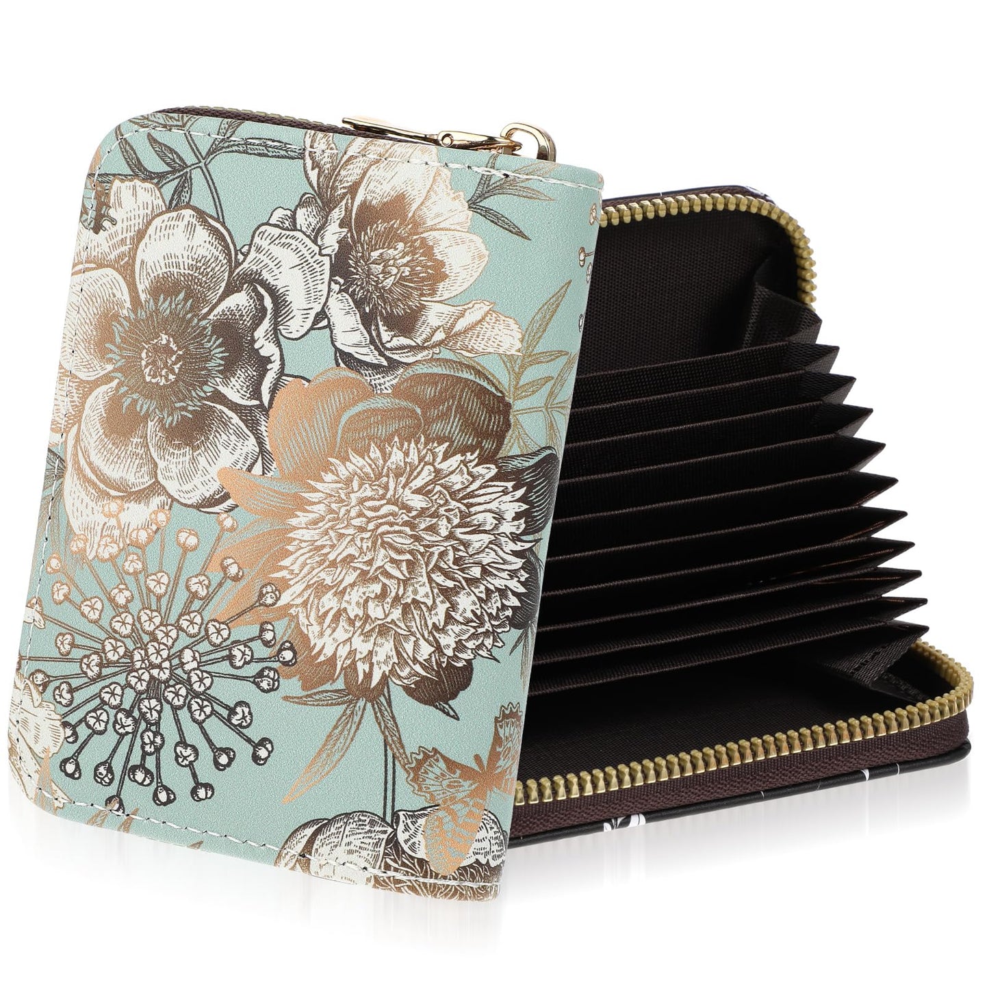 AOZUO Flower Wallet, Credit Card Holder for Women With RFID protection, Leather Zipper Thread Wallet, Small Card Case Purse With Coin Compartment Pocket Business Card Wallet ID Card Holder (Green)