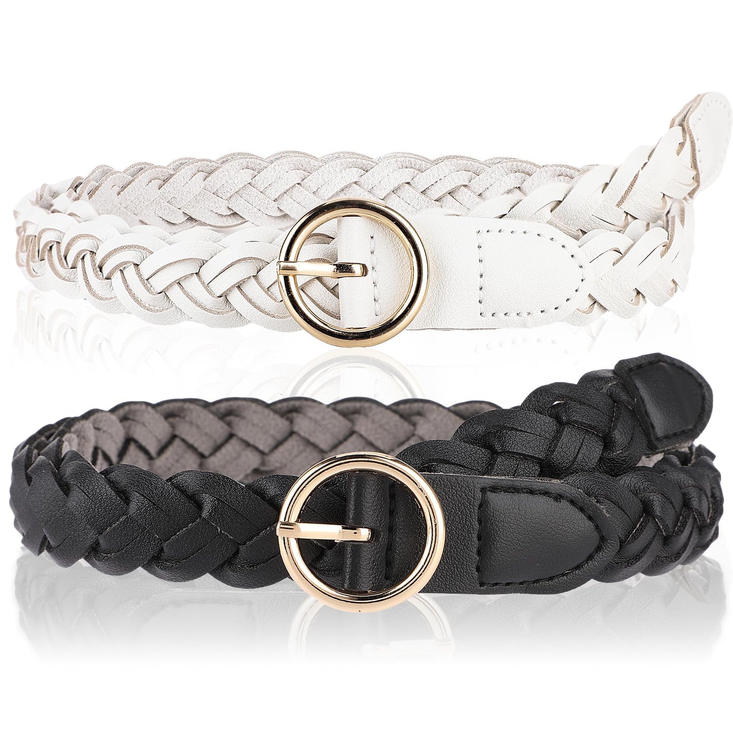 Amaxiu 2Pcs Women Braided Skinny Leather Belts, Handwoven Waist Belt Thin Woven Belt PU Leather Braided Belt for Dress Jean