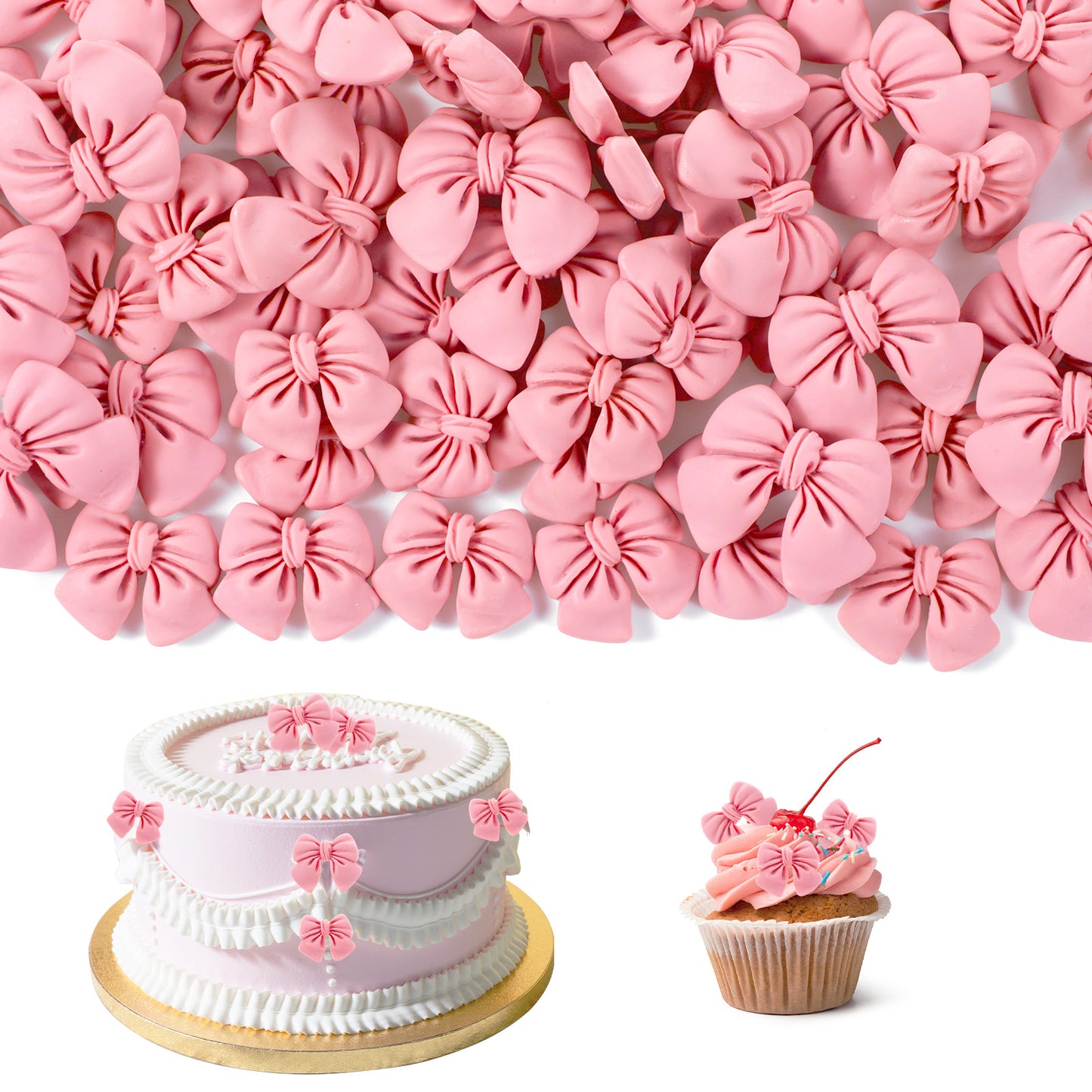 DOPENSPI 64PCS Pink Bow Cupcake Toppers, Not Edible Bowknot Cupcake Toppers Cute Pink Bow Cake Topper Decoration For Wedding Party Birthday Shower Decor(32Small+32Large)