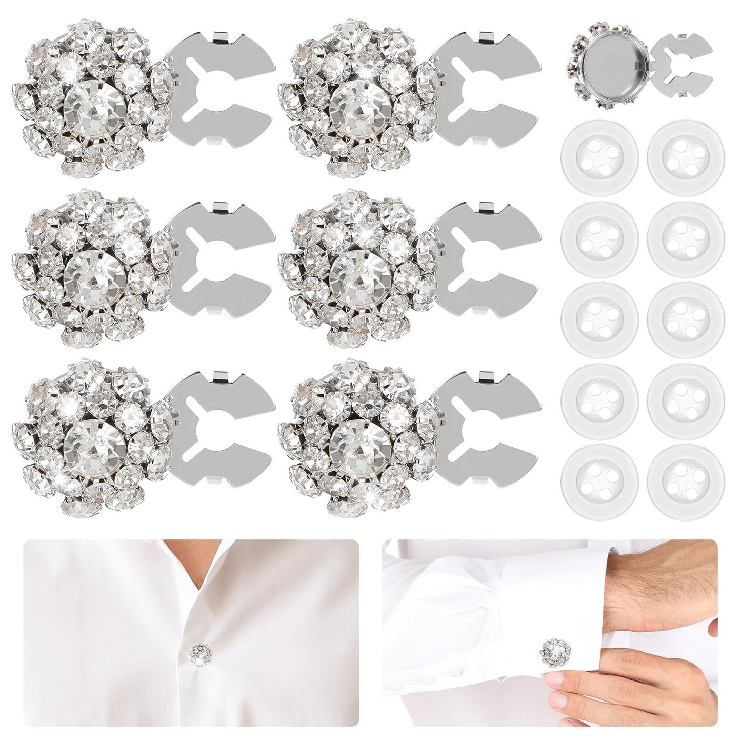 XLIUAX 6 Sets Button Covers for Women Blouses, Rhinestone Covers with 40Pcs 11 mm/0.43” Sewing Buttons, Silver Crystal Detachable Button Decorative Clips Buttons Jewelry for DIY Clothing Jeans