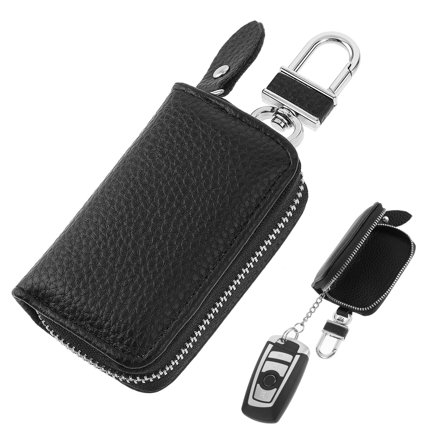 Amabro Leather Car Key Case, Black Car Keychain Holder Bag with Metal Hook and Keyring Zipper Bag Cowhide Key Fob Case Cover Protector for Men Women