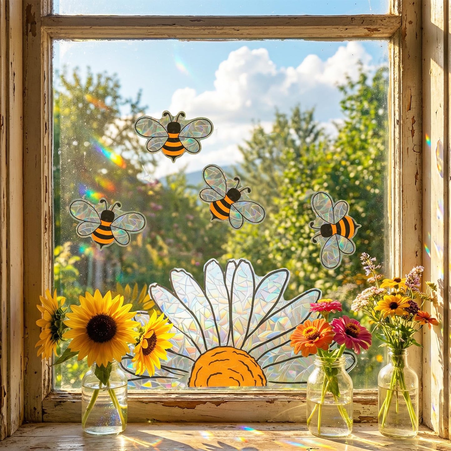 WJIAAA Window Stickers Spring Pack of 5 Sunflowers & Bees Stickers, Double-Sided Glass Decoration, 30 x 40 cm Coloured PVC Film for Windows and Mirrors