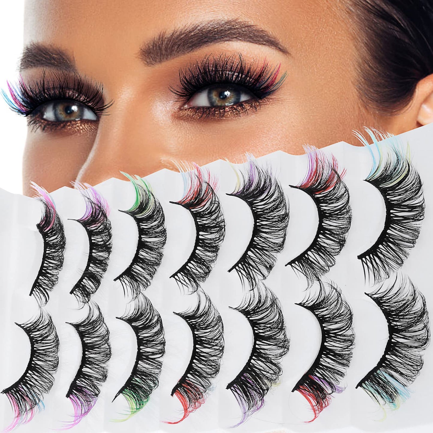 cobee Colored False Eyelashes, 7 Pairs Rainbow Fluffy Eye Lashes Wispy Mink Lashes Fake Eyelashes Natural Look Lashes for Cosplay Party Festival