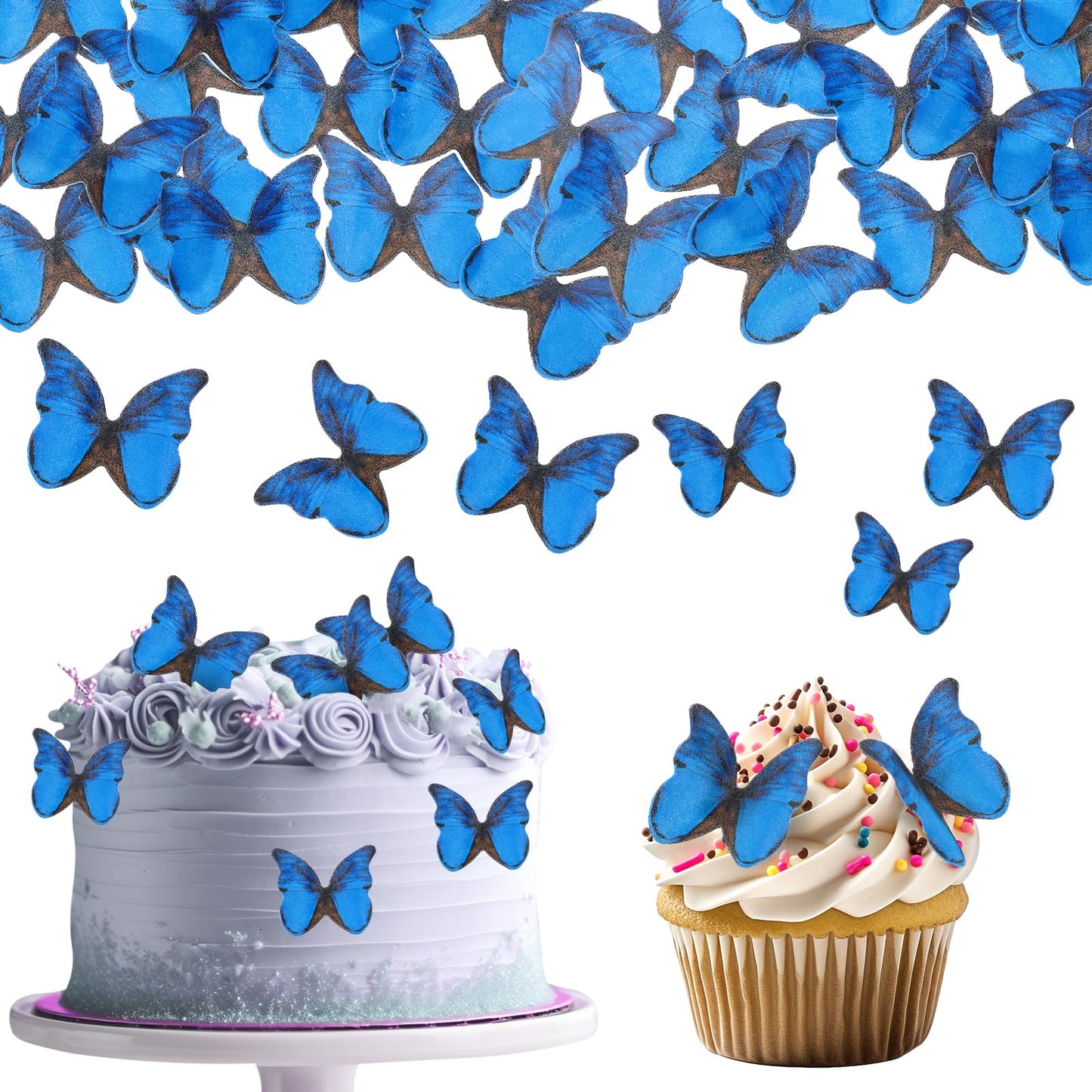 TIESOME 48 Pcs Edible Butterflies for Cake Decorating, Vivid Butterfly Cake Topper Butterfly Cupcake Decorating for Wedding Birthday Anniversary Flower Themed Party Decorating Princess Games (Blue)
