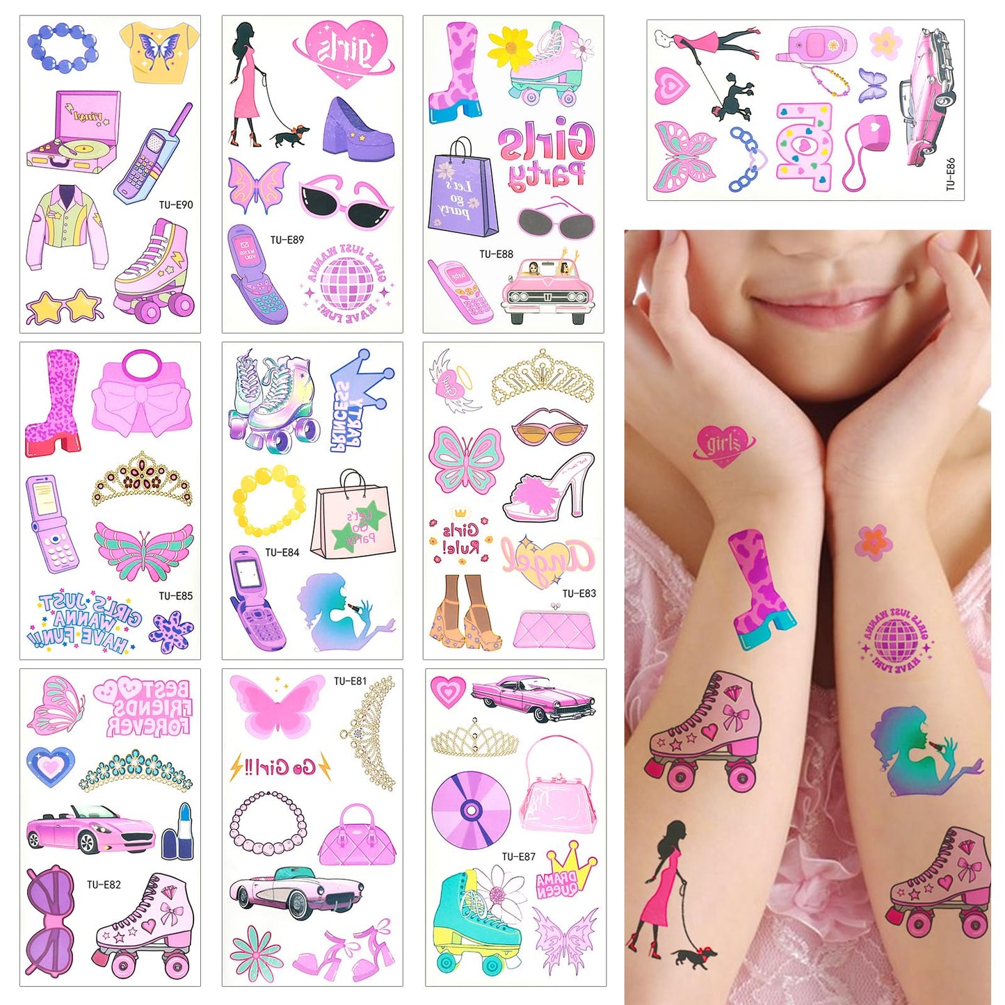 Amabro 20 Sheets Temporary Tattoos for Kids, Girls Waterproof Tattoo Stickers Pink Butterfly Tattoos Temporary Cute Cartoon Princess Toys Party Favor