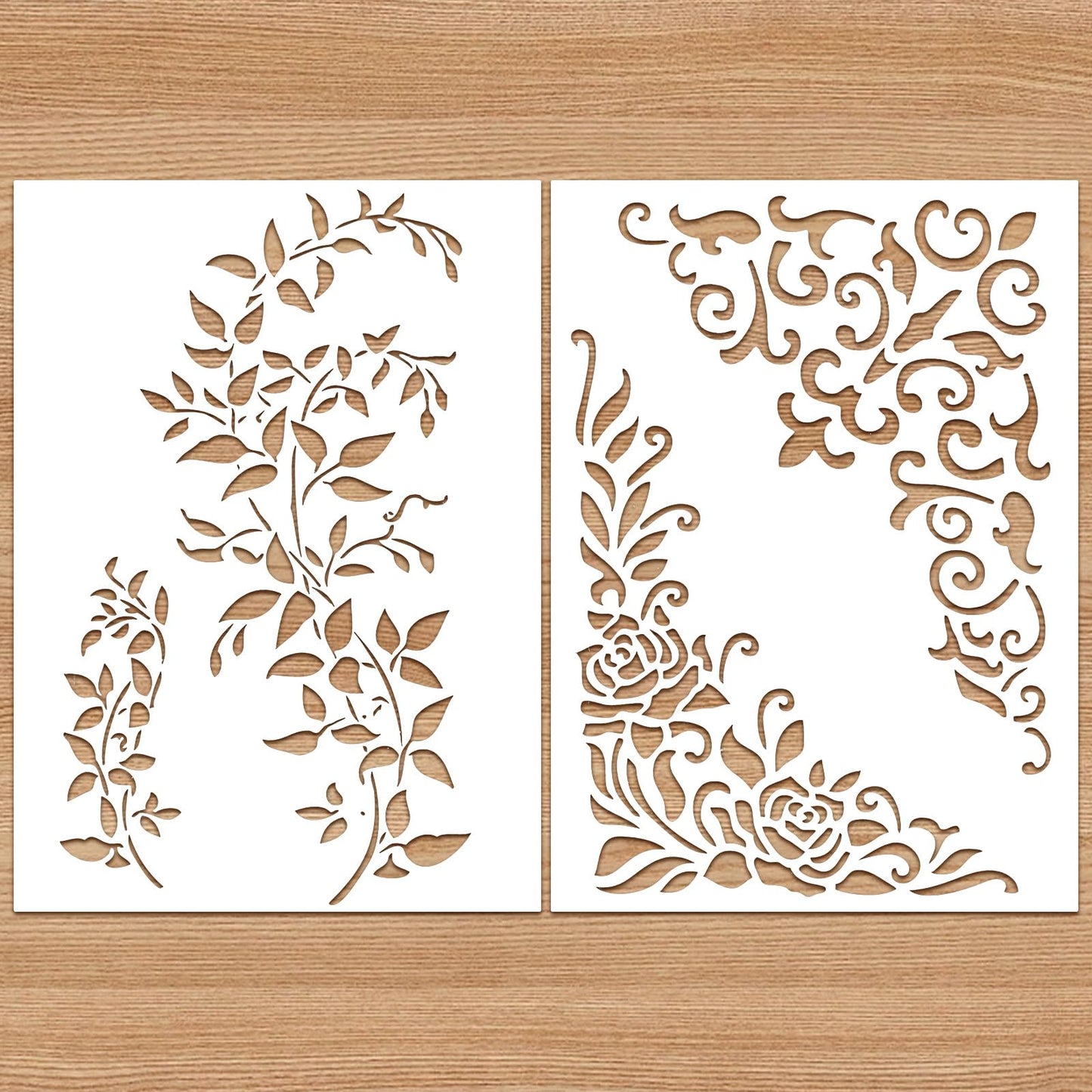 Yuanchu Pack of 2 Large Vine Leaves Stencil, Rose Stencil, A4 Size, 21.1 x 29.5 cm, Reusable Art Stencils for Painting on Wood, Crafts, Wall Design, Textile Design, Home Decor