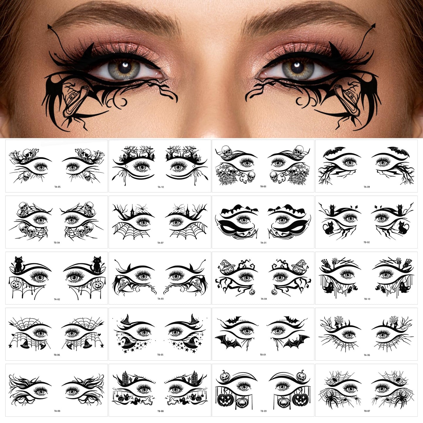 Amabro 20 Pairs Halloween Eye Temporary Tattoo, Eyeliner Stickers Spider Web Skull Bat Eyeshadow Tattoo Witch Face Tattoo Makeup Decals for Women Girls Halloween Masquerade Cosplay Party