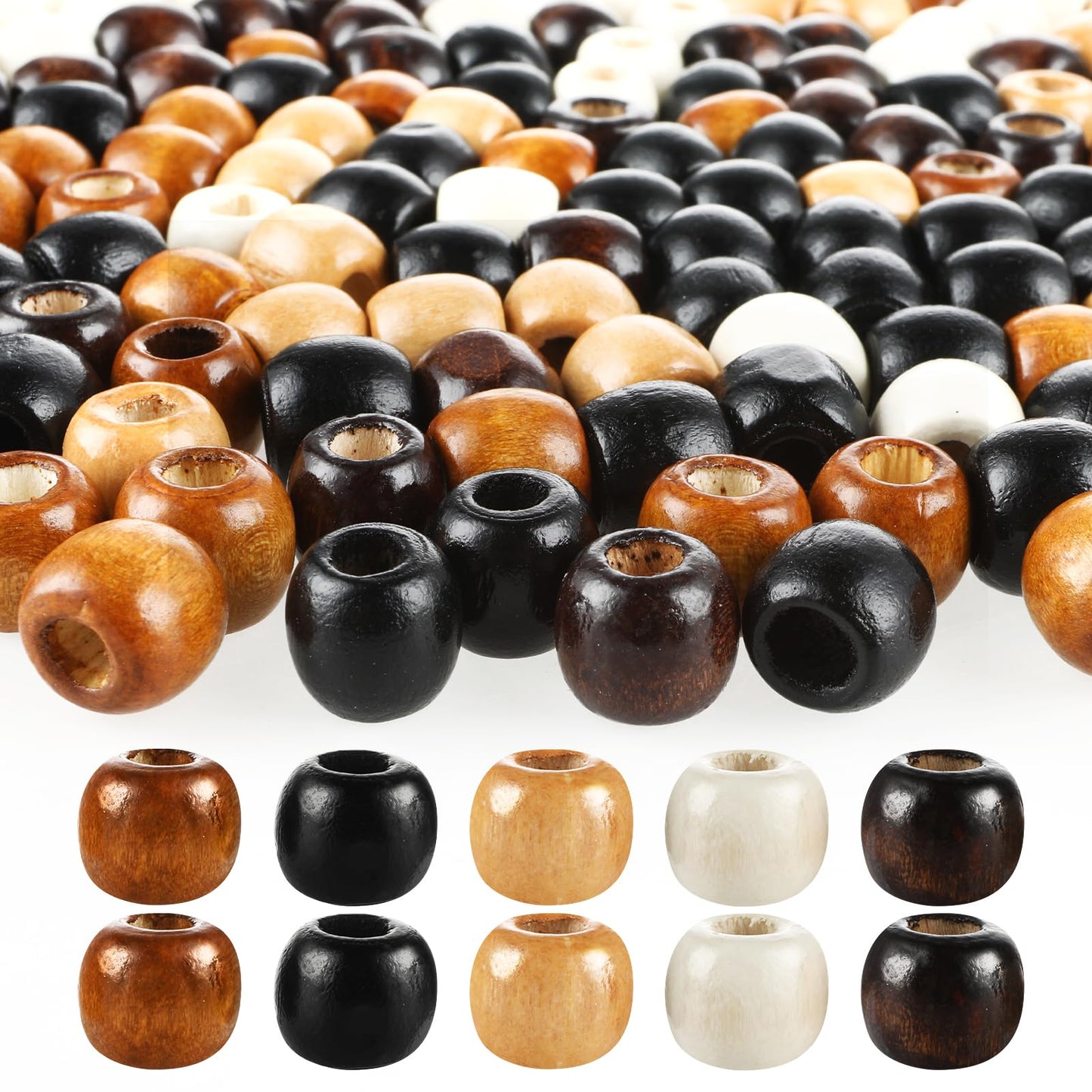 Yuanchu 200PcsWooden Craft Beads, Wooden Hair Beads Set Large Hole Barrel Wood Beads 5 Colors Wood Loose Beads Hair Braid Beads for Hair Braids Jewelry Bracelet Necklace Making 0.47x0.43in