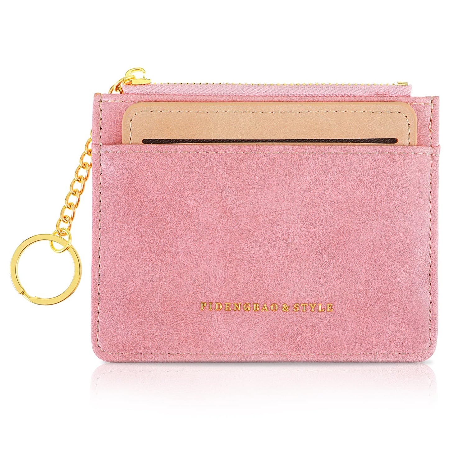 GEEHUA Women Slim Card Holder, Minimalist Leather Wallet with Removable ID Window Ladies Zip Coin Purse Keychain Front Pocket Wallet (Pink)