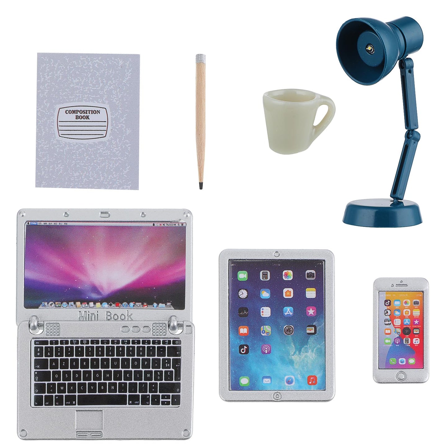 TIESOME 1:12 Dollhouse Mini Laptop Tablet Set, 7 Pcs Simulation Computer Phone Desk Lamp Miniatures Doll House Accessories Small Furniture Model for Dollhouse Decoration (Silver)