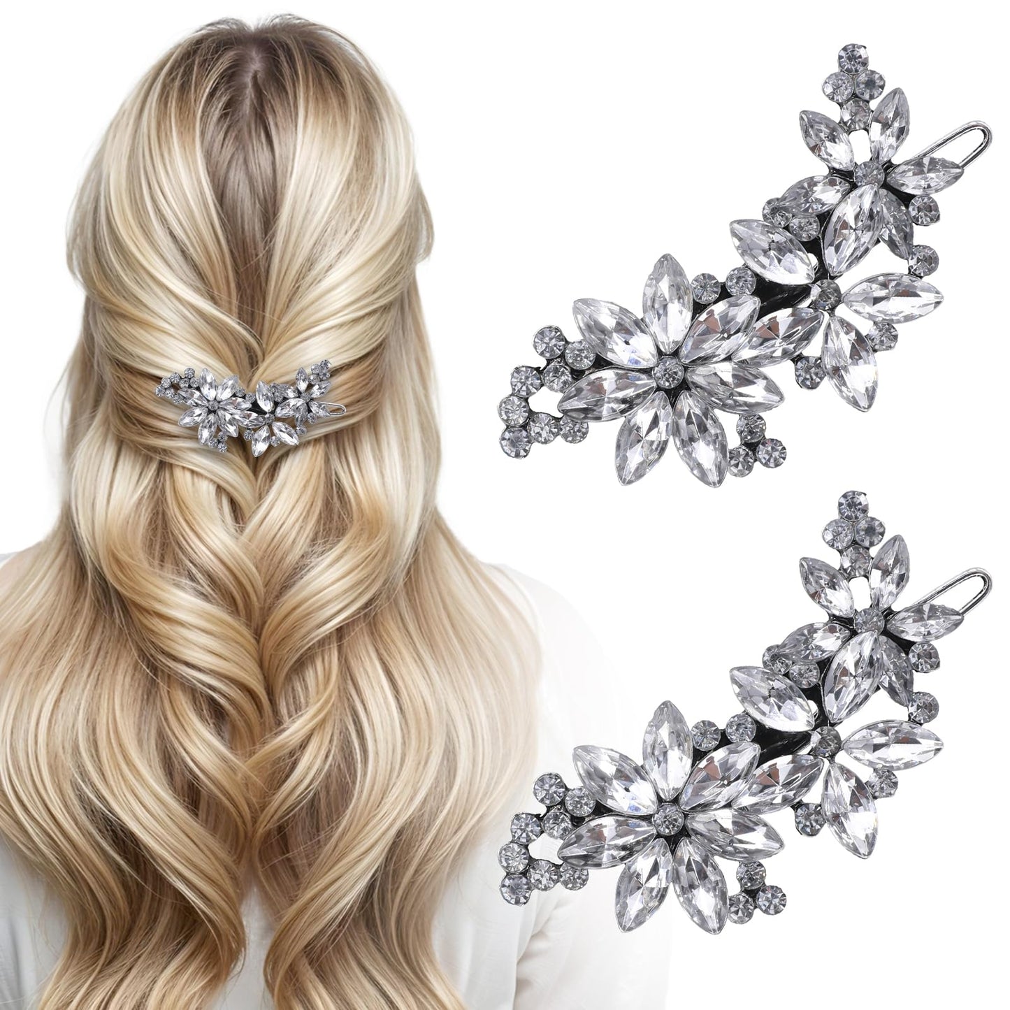 Giantree 2Pcs Crystal Flower Bridal Hair Clips, Silver Bride Wedding Hair Accessories Hair Pins, Rhinestone Flower Wedding Headpiece Crystal Flower Hair Clips for Brides Women Wedding Accessories(2)