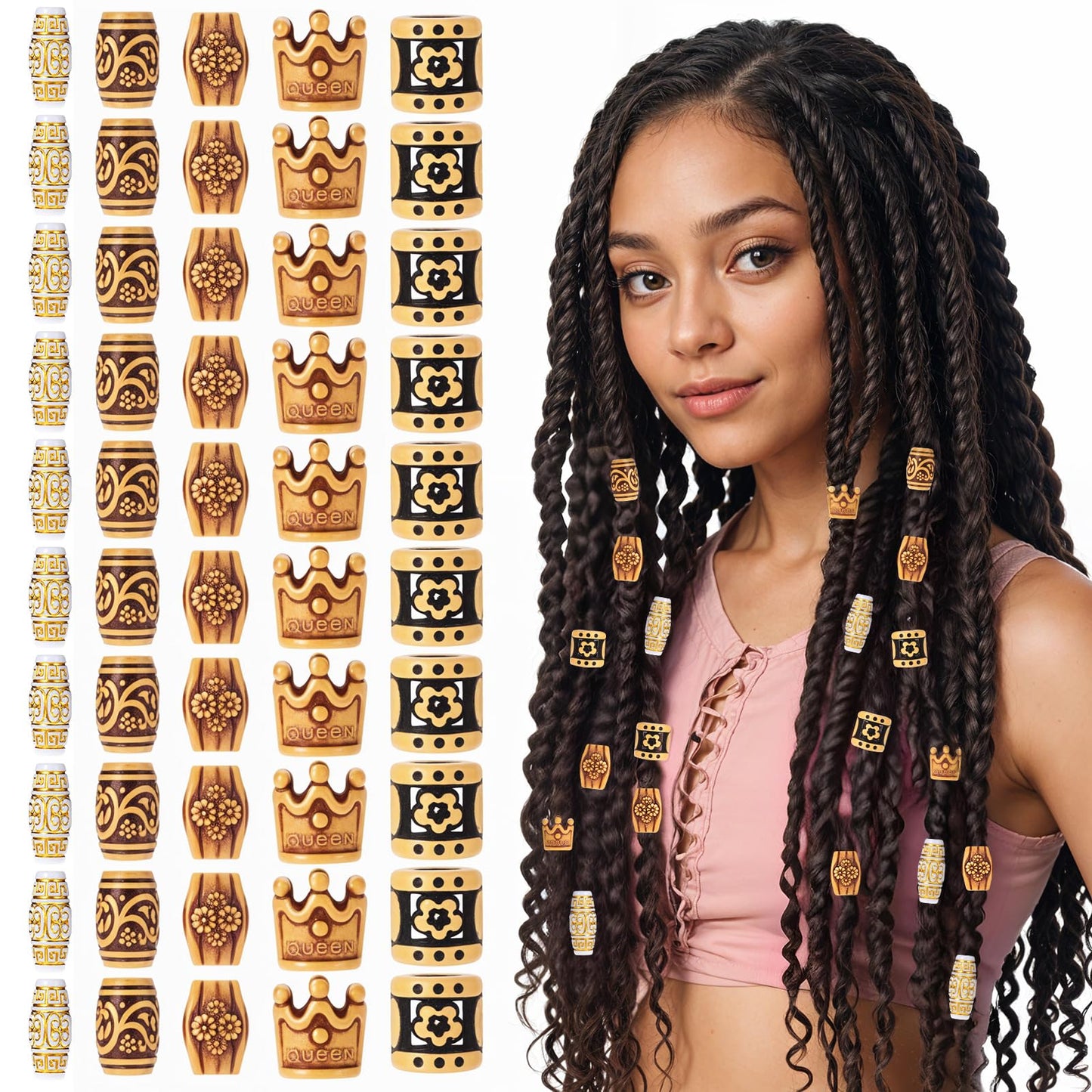 Yuanchu 50Pcs Hair Tube Beads, Antique Tube Bar Spacer Beads Hair Jewelry DIY Mix Hair Braid Cuff Clip for Women Lady Braids Men Beard Hair Jewelry Crafts Making