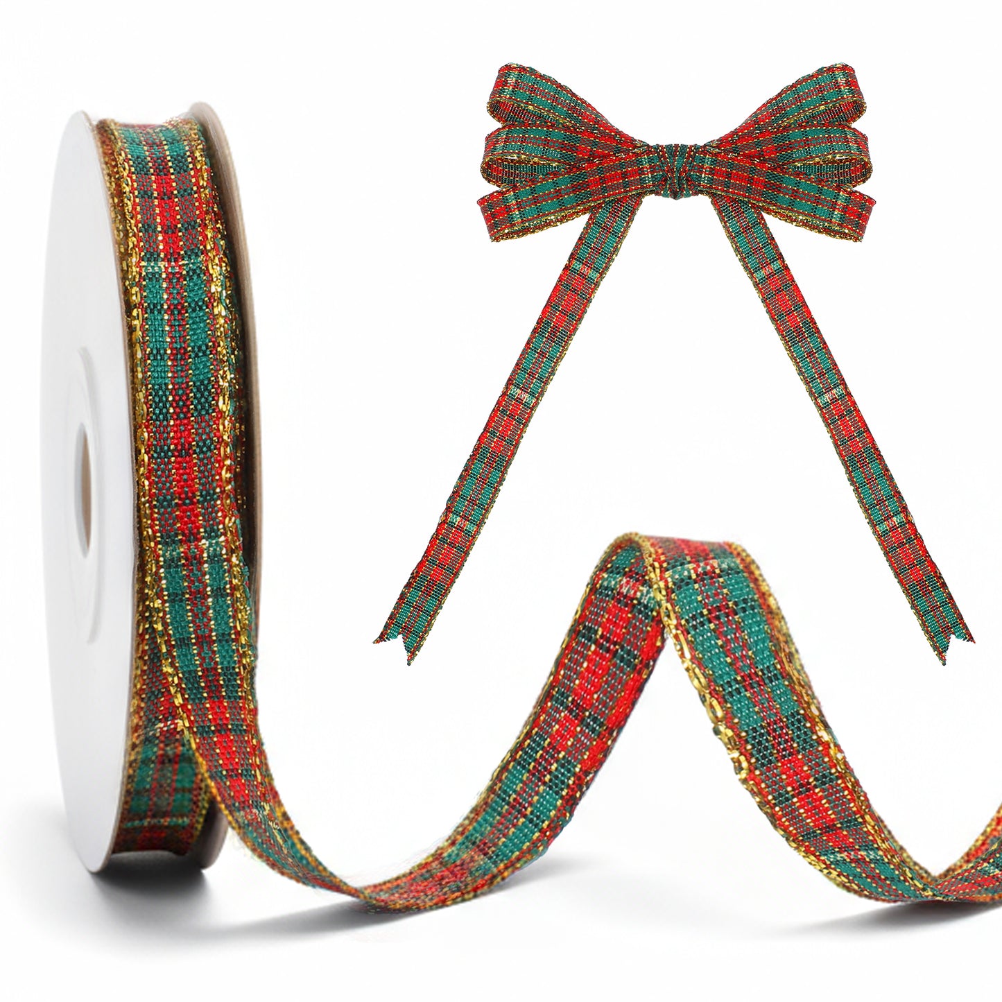 DOPENSPI 25 Yard 2/5 Inch Christmas Plaid Ribbon, Woven Edge Gingham Ribbon Red Green Gold Nylon Plaid Christmas Ribbons for Crafts Gift Wrapping DIY Home Party Decorations(1cm/0.4in)