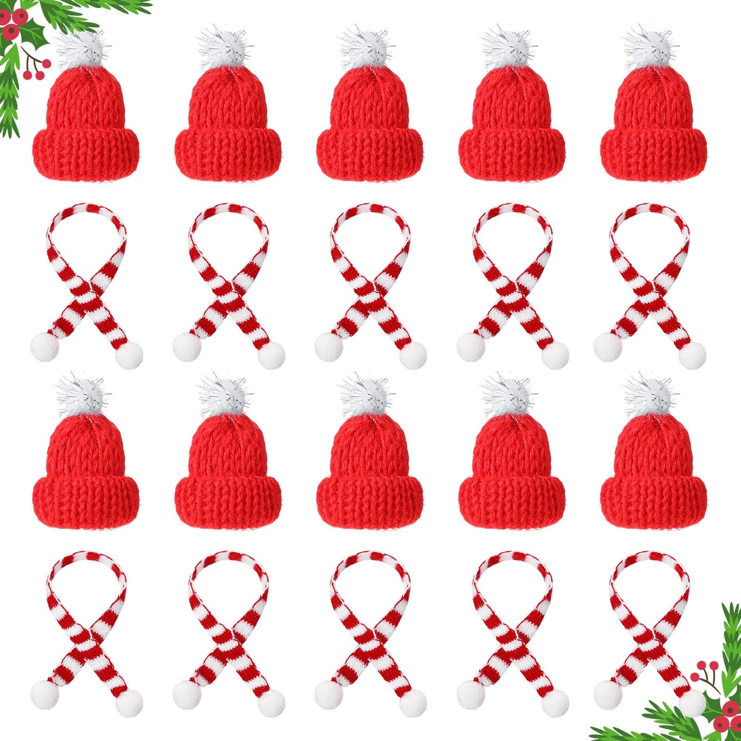 Amabro 20PCS Mini Christmas Knit Hats and Scarf Set, Mini Santa Hats Scarves for Crafts Miniature Christmas Decorations Ornaments for Xmas Tree DIY Art Snowman Doll(Red)