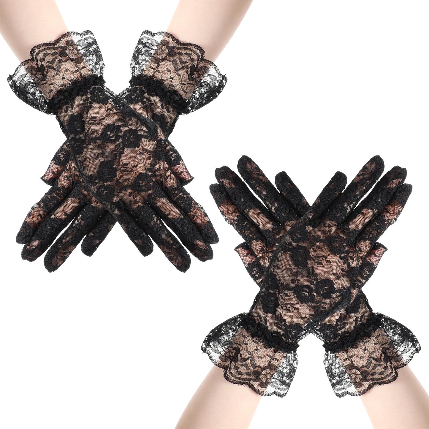 AOZUO 2 Pairs Lace Gloves, Wedding Gloves Tea Party Mesh Sheer Lace Gloves Opera Halloween Cosplay Gloves for Women(Black)