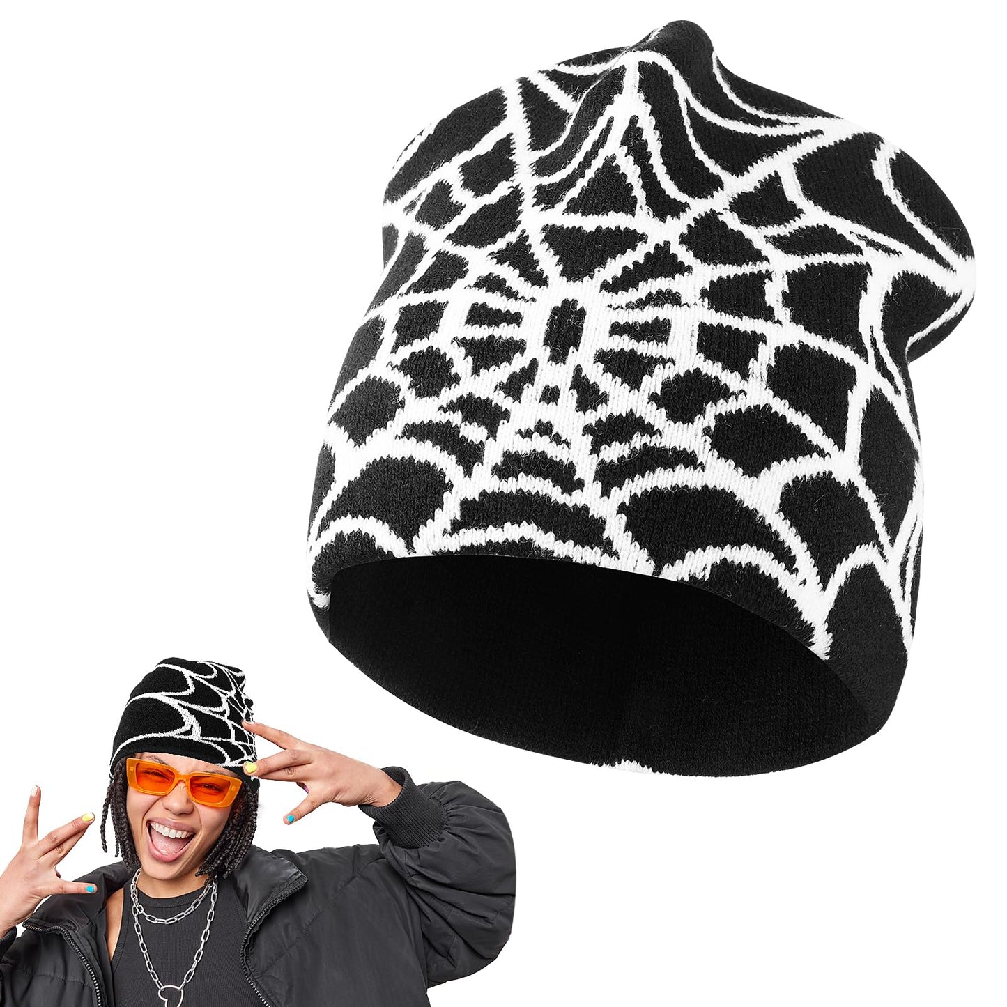 TIESOME Knitted Spider Pattern Beanie(Black White)