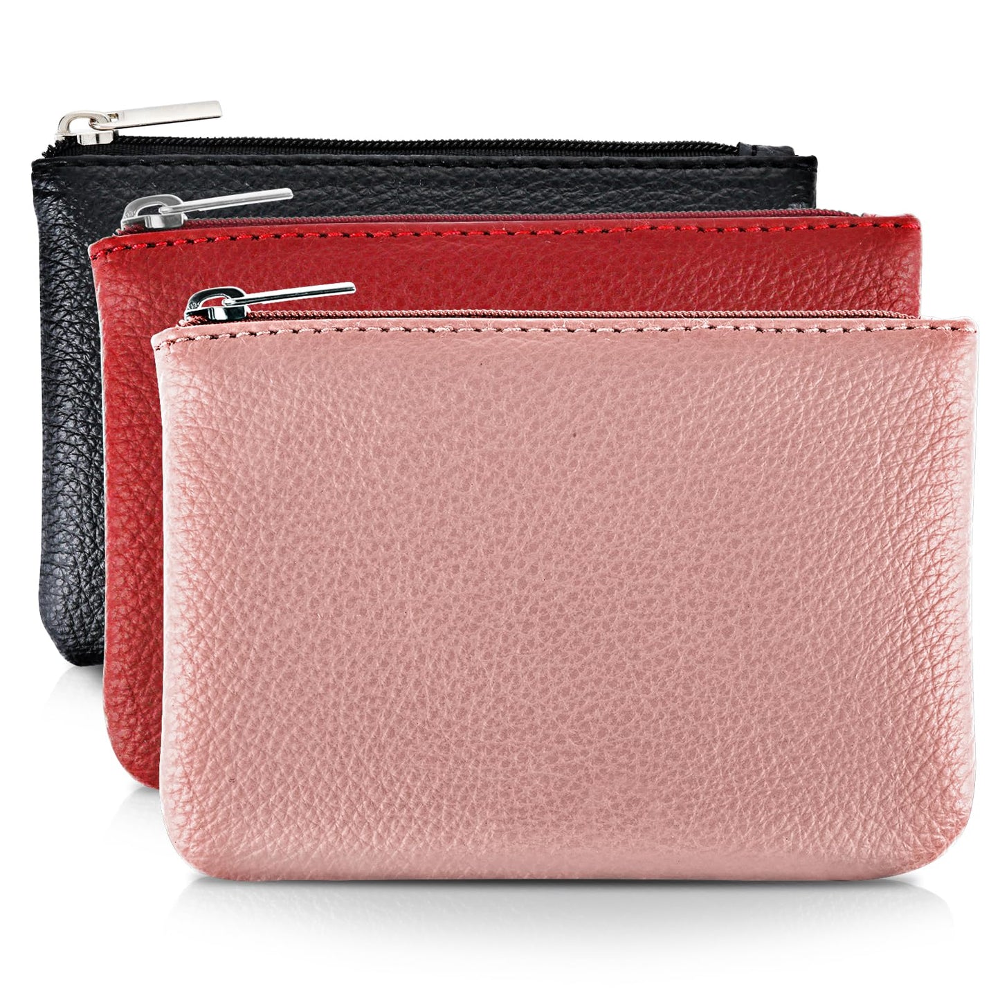 simarro Leather Zipper Coin Purse, PU Lychee Pattern Coin Purse Portable Change Wallet Mini Coin Pocket Pouch Change Holder for Men & Women 3 pcs set (Black+Pink+Red)