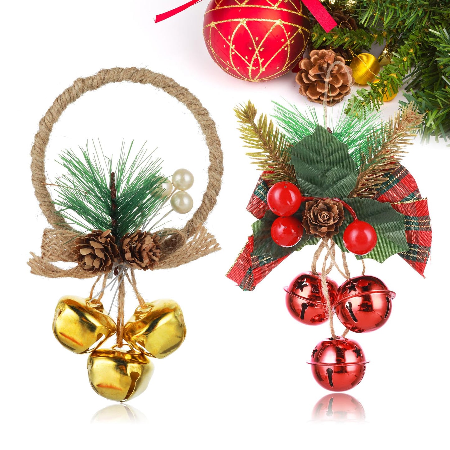 cobee Christmas Large Bell Ornaments, 2pcs Christmas Jingle Bells for Xmas Tree Decorations Christmas Door Hanging Bells with Holly Berries Pinecone Bow Christmas Wreath Gift Wrapping Craft(Red Gold)