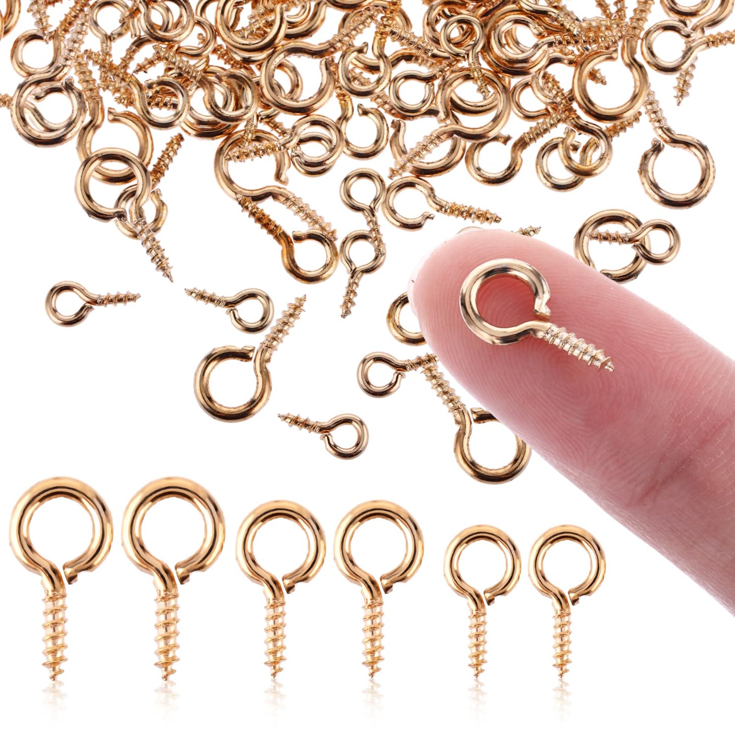 TIESOME Small Screw Eye Pins, 300 PCS Gold Small Metal Eye Pins Hooks Eyelet Screws Peg Mini Self Tapping Screw Threaded Clasps Hooks for Jewellery Making DIY Craft Hanging Ornament 3 Sizes