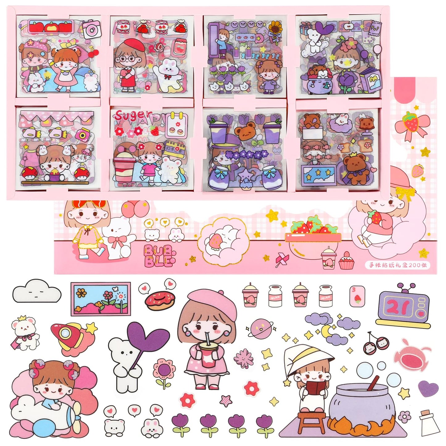 Amabro Kawaii Cute Stickers Set, 200 Sheets PET Transparent Waterproof Stickers Kit Cartoon Girls Stickers Decal Boxed Gifts for Notebook Laptop Scrapbook Journaling Water Bottles(Pink)