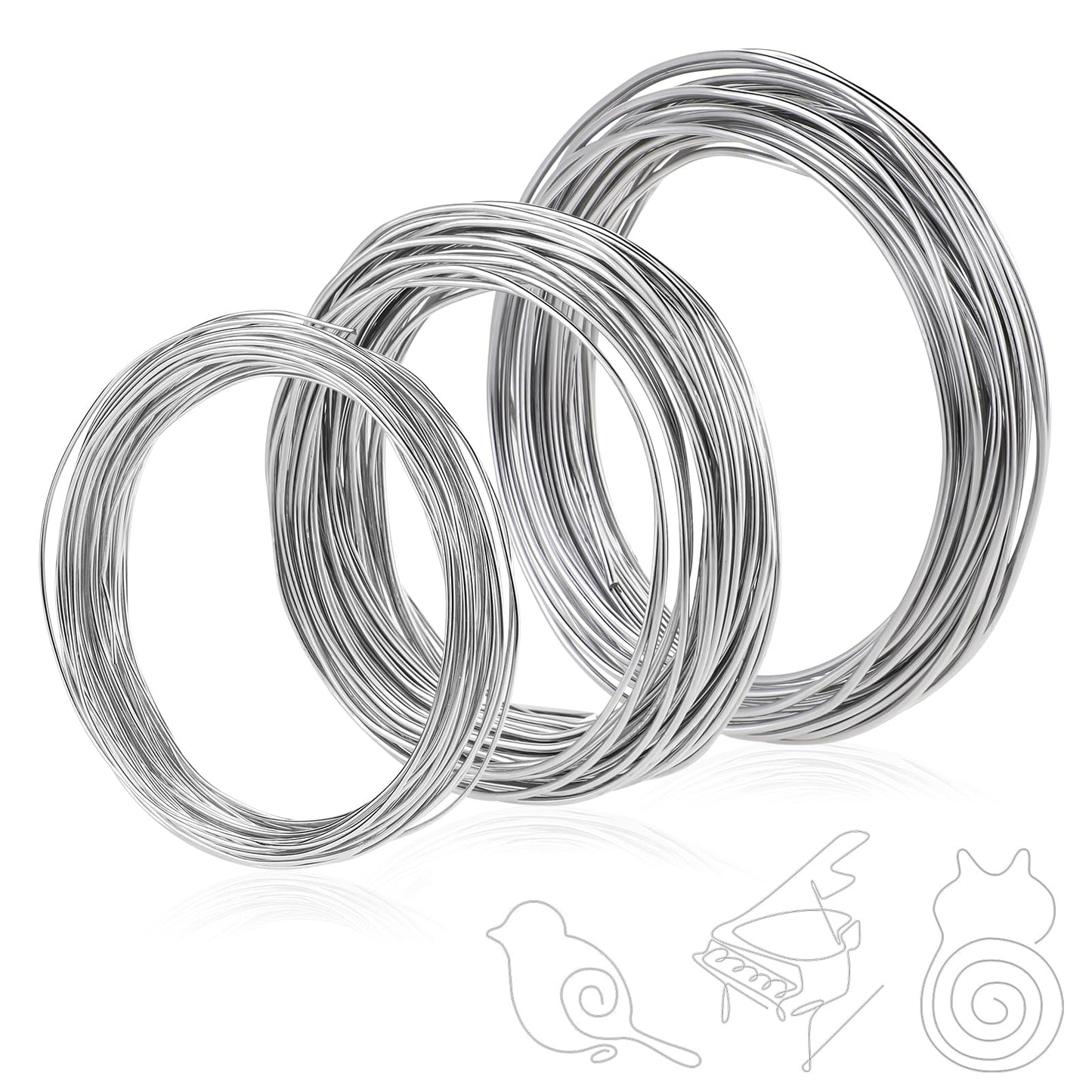 Giantree 3 Pcs 10m Aluminum Craft Wire, 1mm/1.5mm/2mm Aluminium Wire Rolls Bendy Craft Wire Jewelry Craft Making Beading Making Art Craft DIY Embellishment Decoration Florist Supplies(Silver)