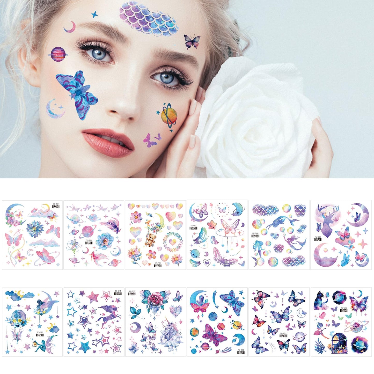 12 Sheets Glitter Face Temporary Tattoo for Girls, Butterfly Moon Fake Tattoos Stickers Bling Flowers Tattoo Water Transfer Star Tattoo Art Face Arm Body Sticker for Festival Party Eye Decor