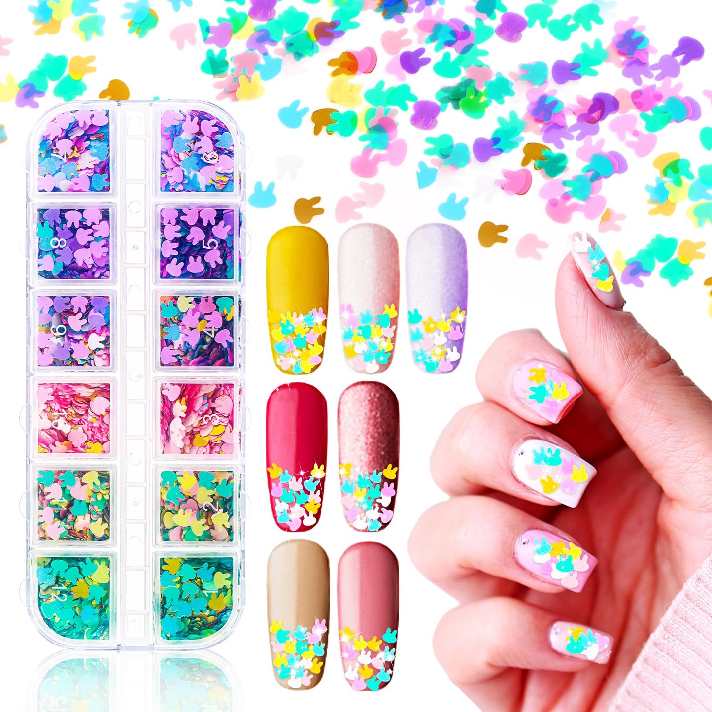 TIESOME Nail Art Sequins, 12 Grid Cute Bunny Nails Glitter Flakes 3D Holographic Easter Nail Art Glitters for Women Girls DIY Nail Decorations