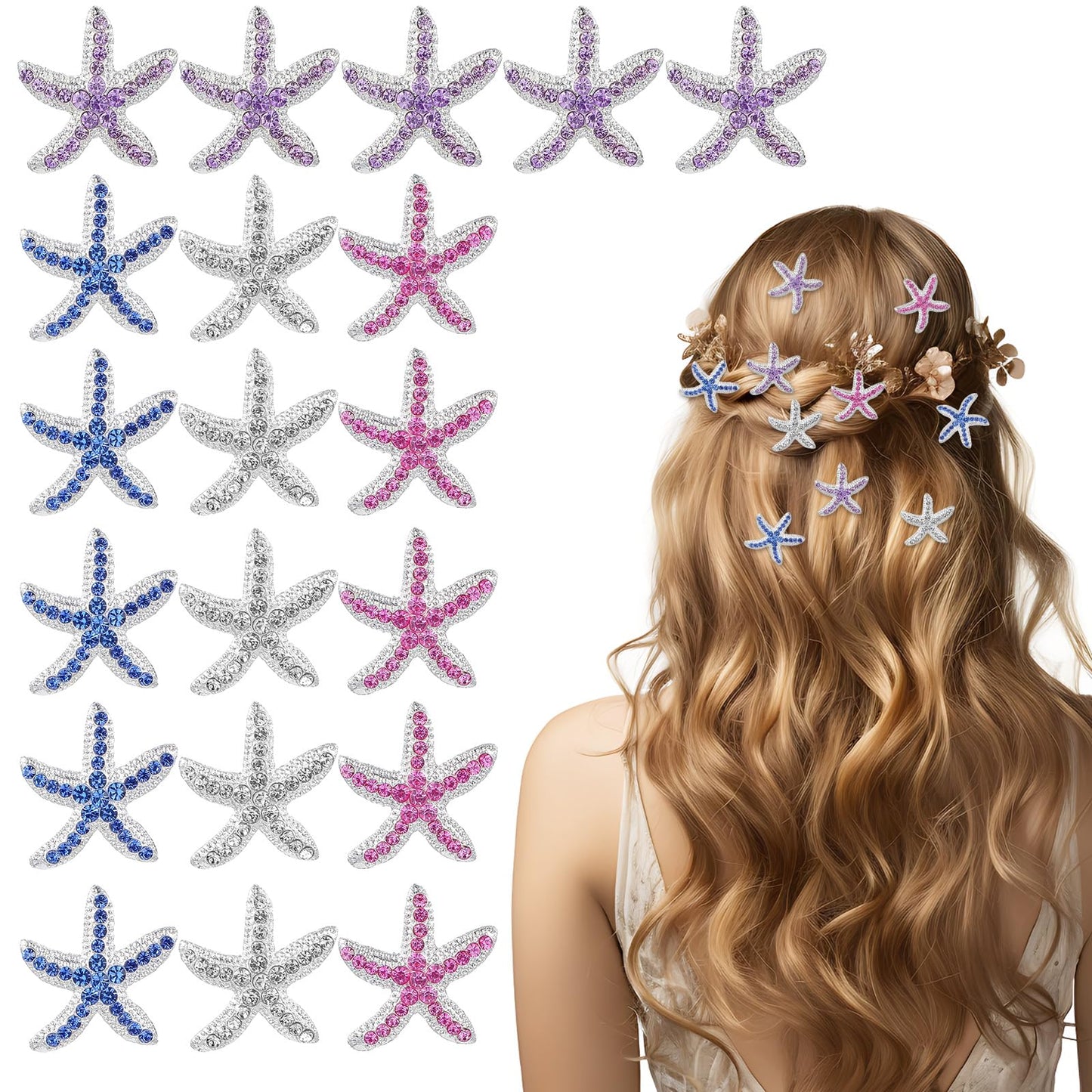 Yuanchu Pack of 20 Mini Starfish Hair Clips with Rhinestones, Starfish Hair Accessories, 4 Colours, Cute Headpiece, Glittering Hair Clip, Metal Decorative Hair Clips for Women and Girls