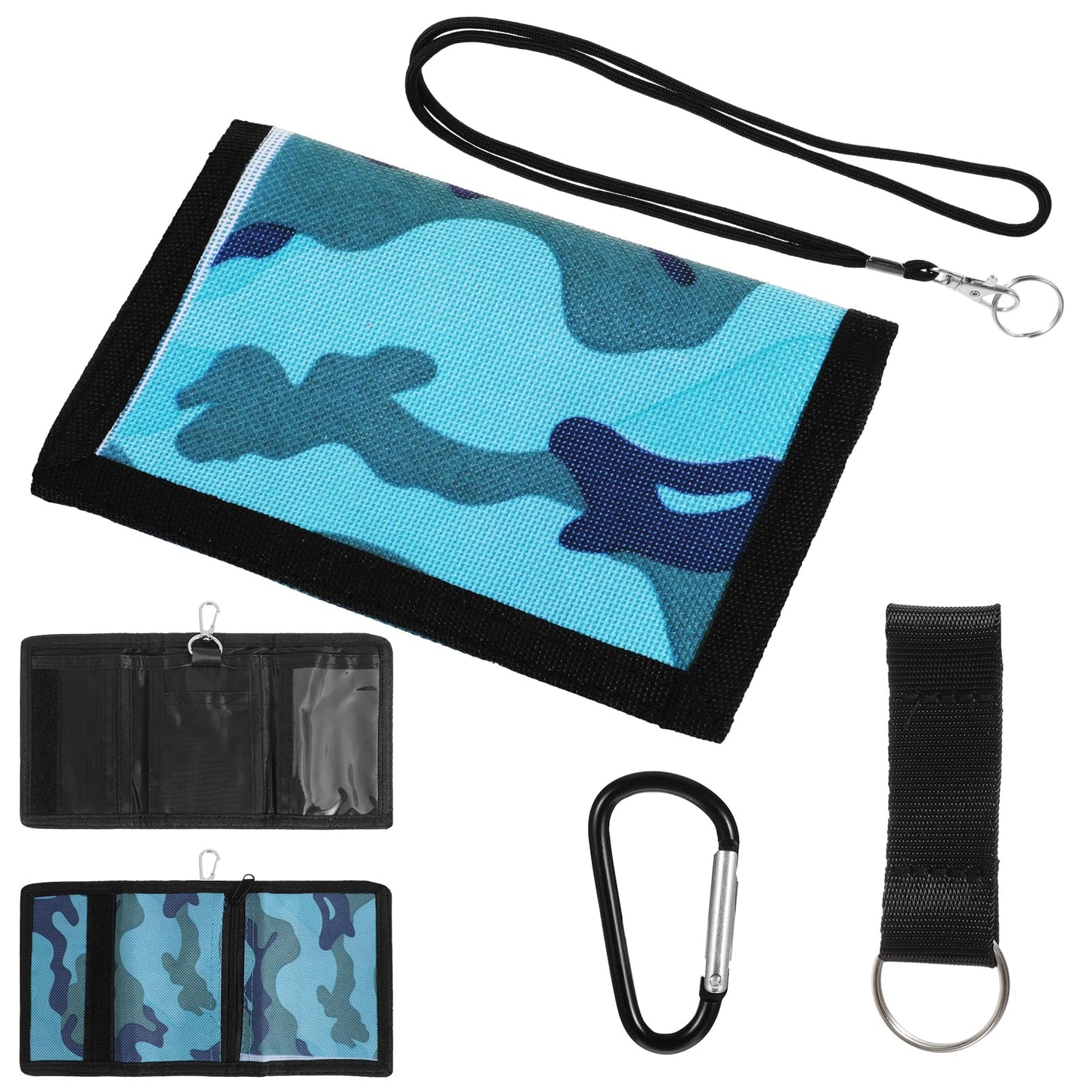 Yuanchu Slim Children's Wallet, Camouflage Boys Purse, Children's Neck Pouch, Foldable Triple Children's Purse with Anti-Lost Straps and Carabiner for Men, Teenagers, Boys, blue