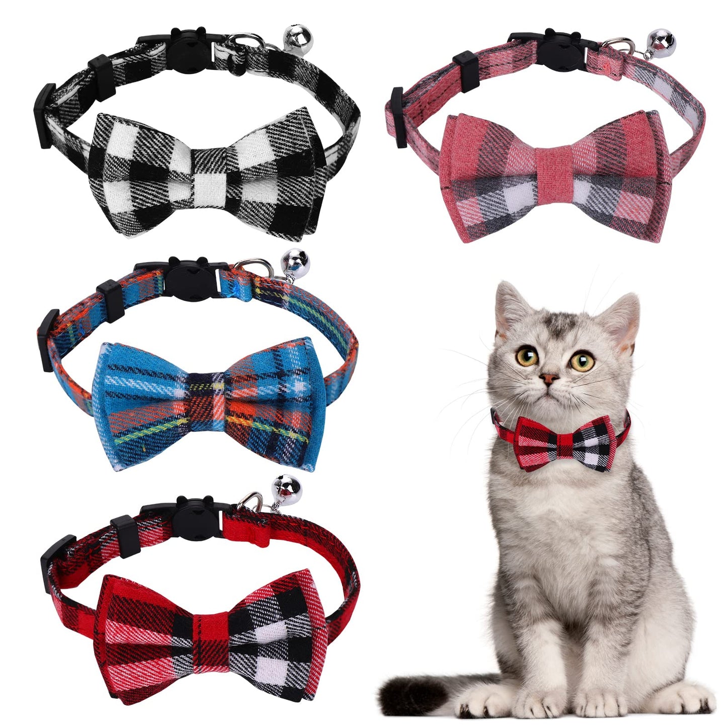 TIESOME 2/4 Pack Cat Collar with Bow and Bell, Adjustable 7-12inch Kitten Safety Collars Cute Plaid Cat Bow Tie Collars for Kitten Cats and Small Dogs (4Pcs)