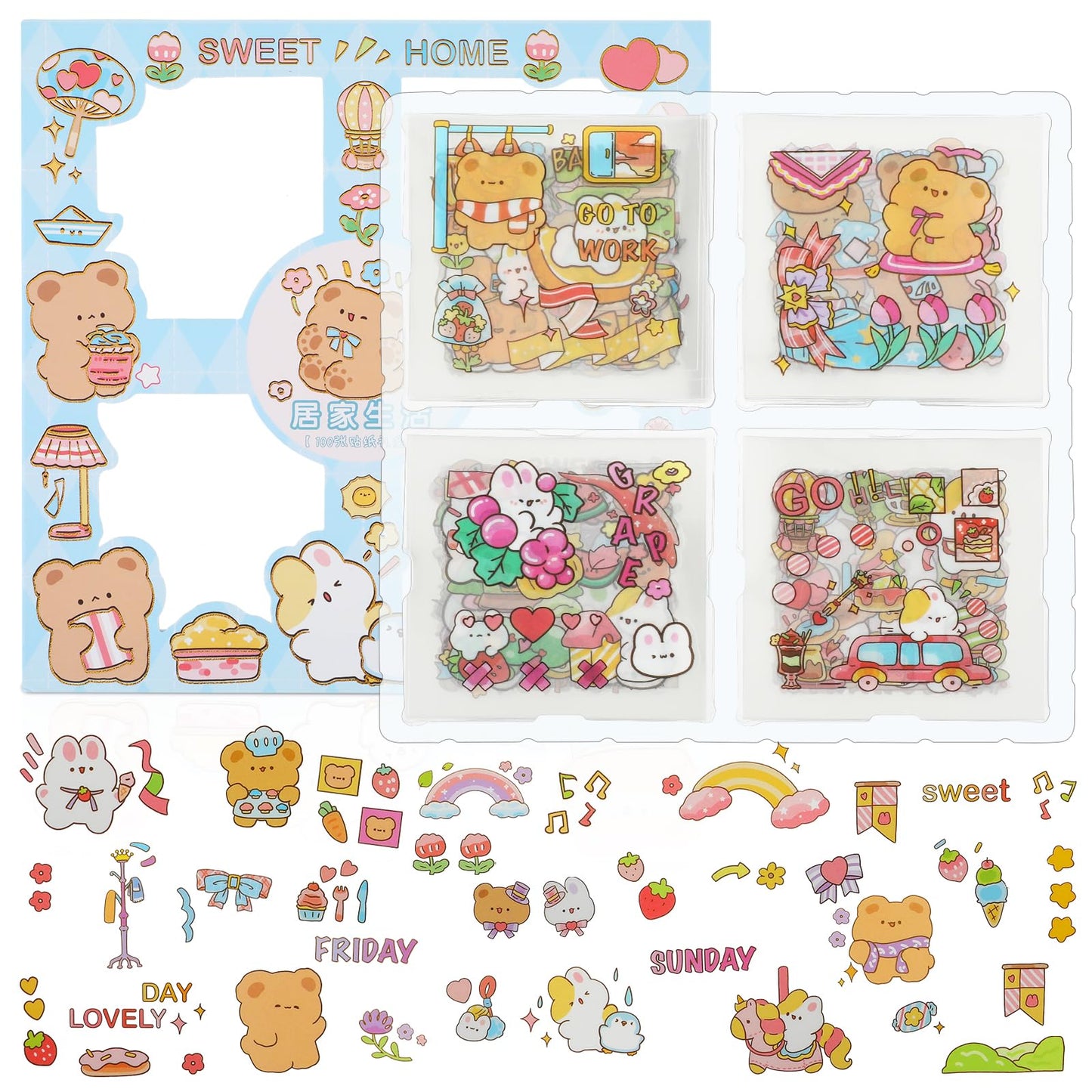 Amabro Cute Cartoon Sticker, 100PCS Kawaii Bear Rabbit Stickers Waterproof Vinyl Sticker Water Bottle Decor Self-Adhesive Decal for Kids Scrapbooking DIY Skateboard Laptop Phone(Blue)