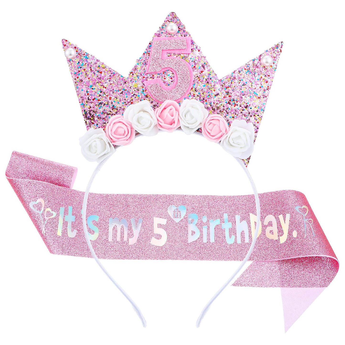 HJZHII Birthday Princess Crown and Sash Set, Glitter Flower Tiara Decorations for Girls Happy Birthday Party Headband Outfit Decor(5th)