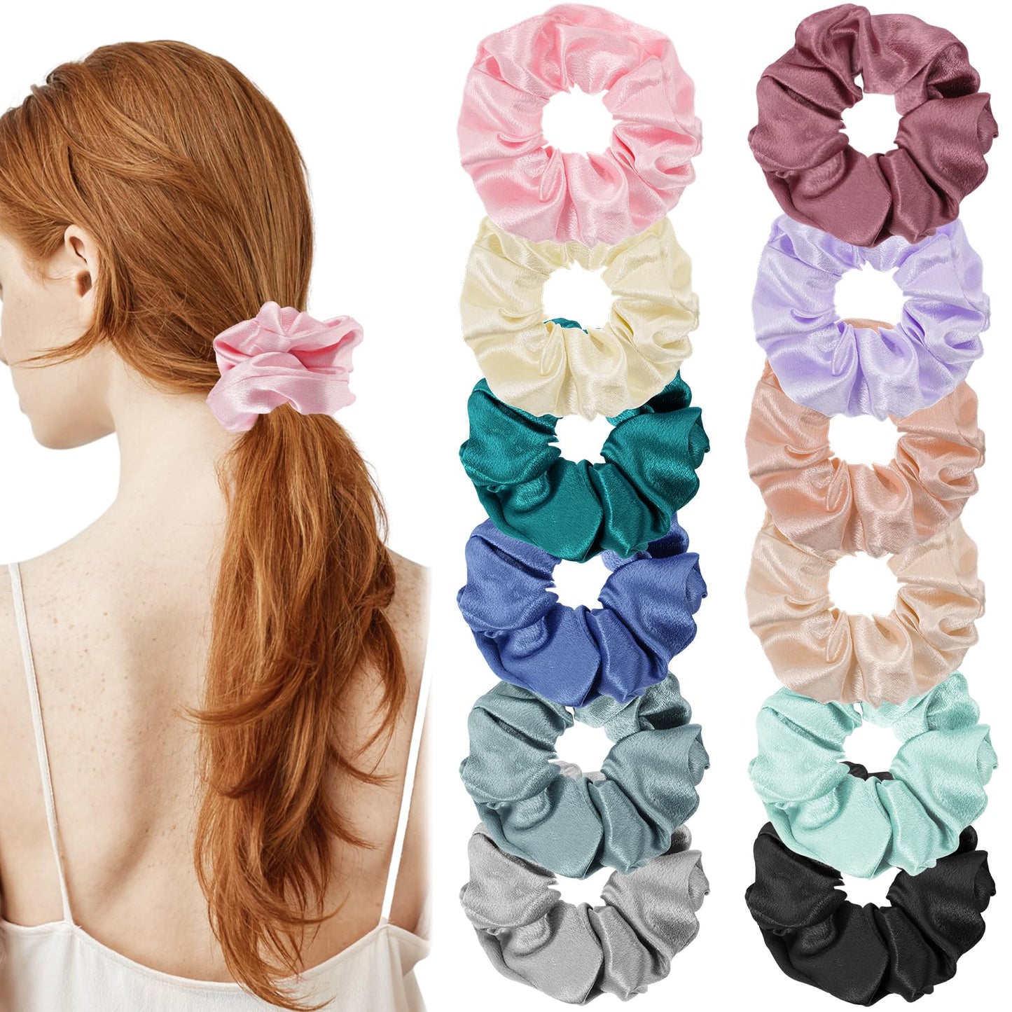 cobee Soft Satin Hair Scrunchies, 12pcs Stylish Hair Scrunchies for Curly and Thick Hair Ponytail Holder Hair Elastics Scrunchy Hair Ties Hair Bands Hair Accessories for Women Girls(Crystal Color)