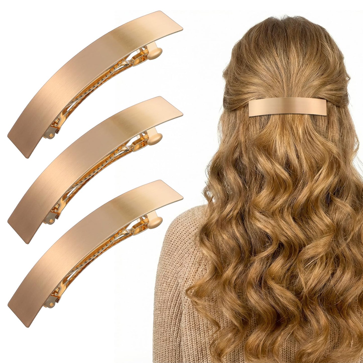 WJIAAA Pack of 3 French Hair Clips, Hair Clips, Women's Gold Alloy Hair Clips, 3.94 Inch Decorative Hair Accessories for Women and Girls
