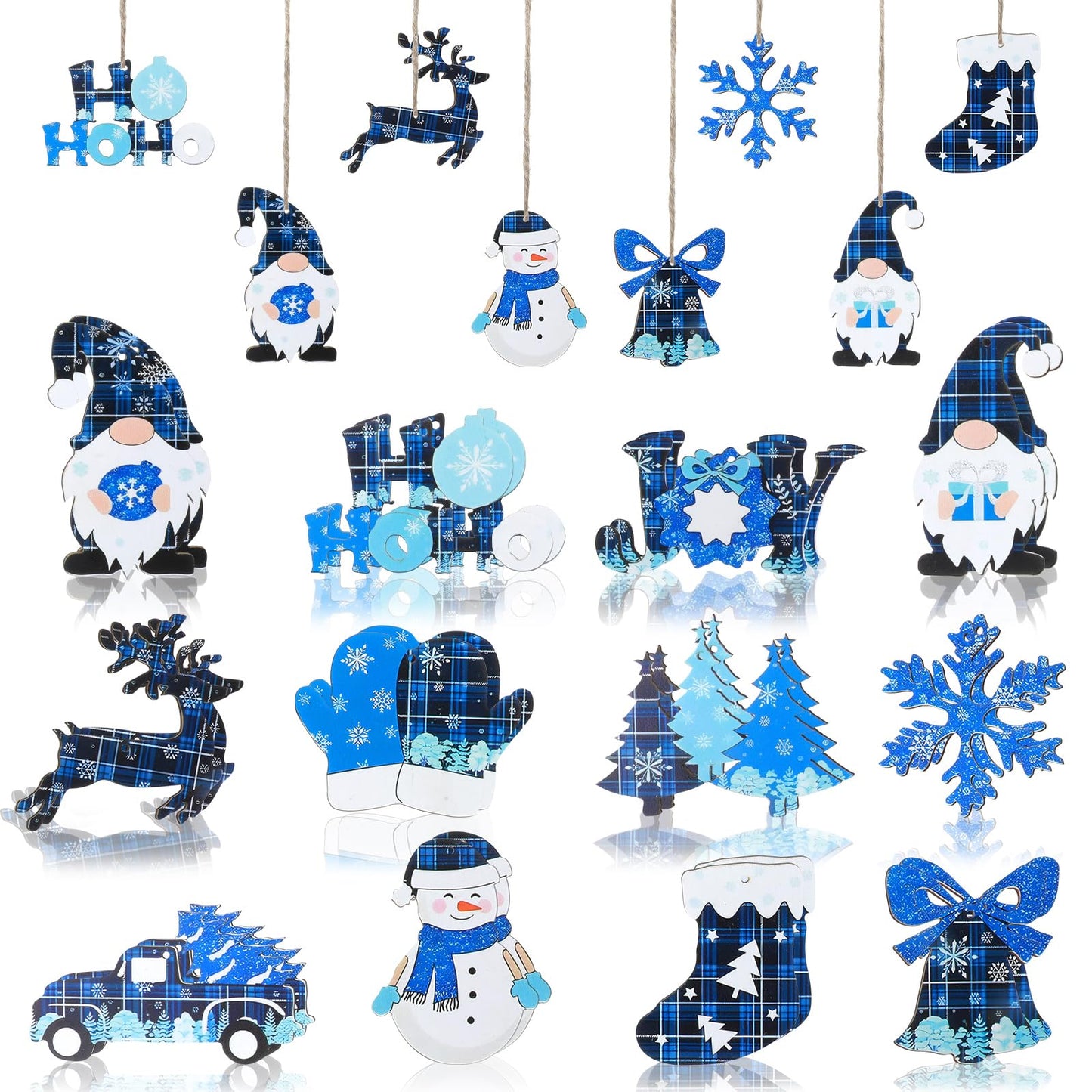 Amabro 24pcs Christmas Tree Ornaments, Blue Wooden Snowflake Gnome Snowman Truck Reindeer Bell Stocking Glove Sign Plaid Xmas Hanging Decorations with Rope for Holiday Party Supplies(12 Styles)