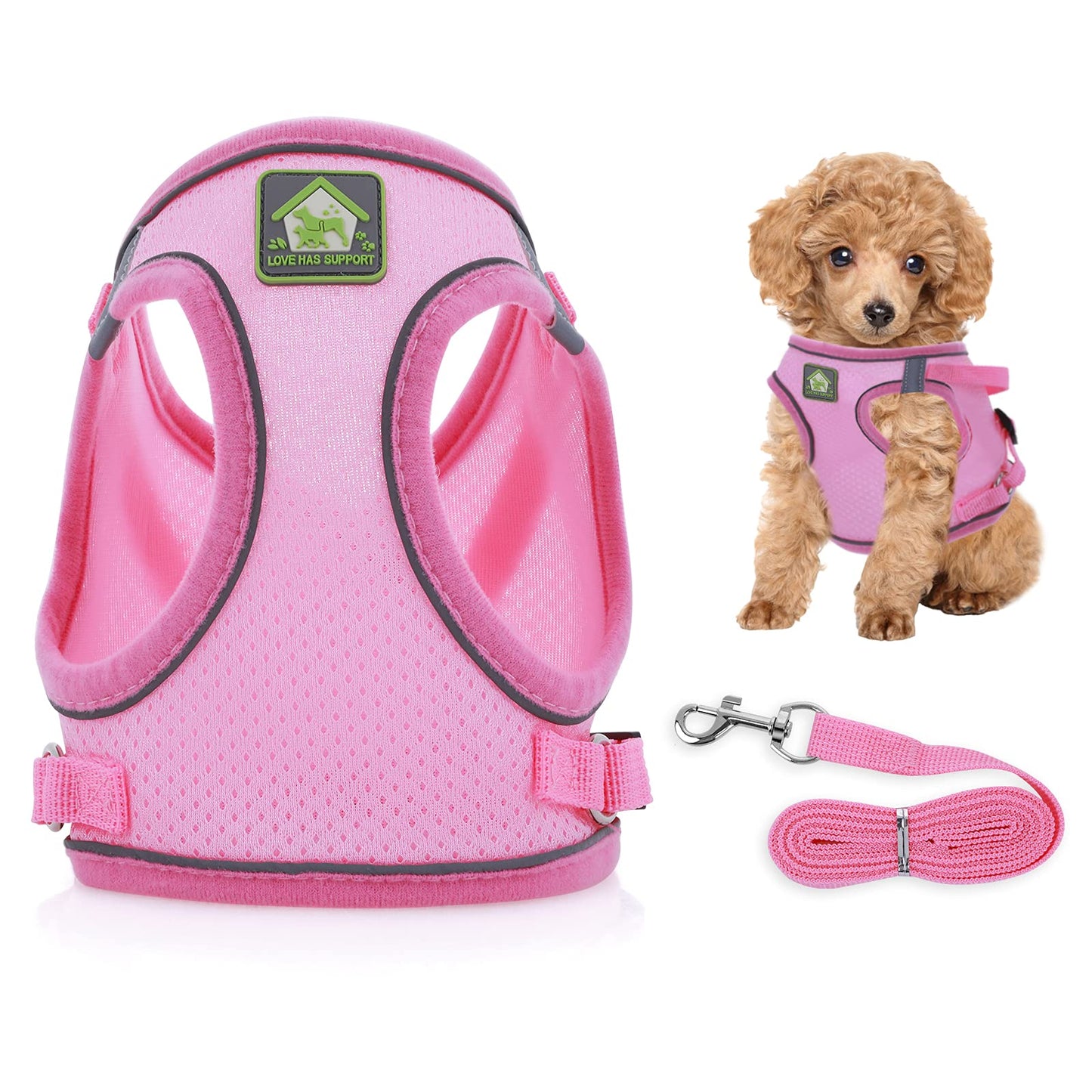 2 Pcs/Set Cat Dog Vest Harness and Leash Set,1 Dog Harness+1 Dog Rope Leash, Pet Step-in Vest Harness with Reflective Strip, Adjustable Soft Padded Dog Vest Leash for Small Dogs,Cats, Puppy, Pink, M