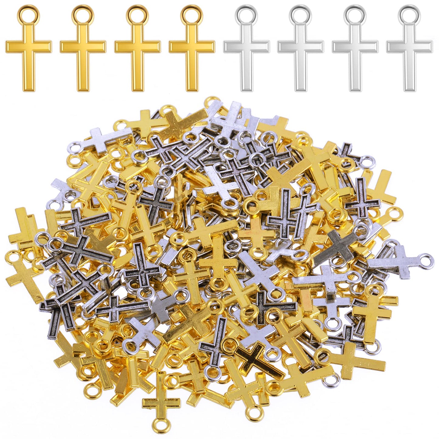 TIESOME 200PCS Metal Cross Charms Pendants Beads,15x7mm Silver and Golden Small Hole Pendant for Jewelry Making Crafting Accessory DIY Gift Idea Handmade Craft