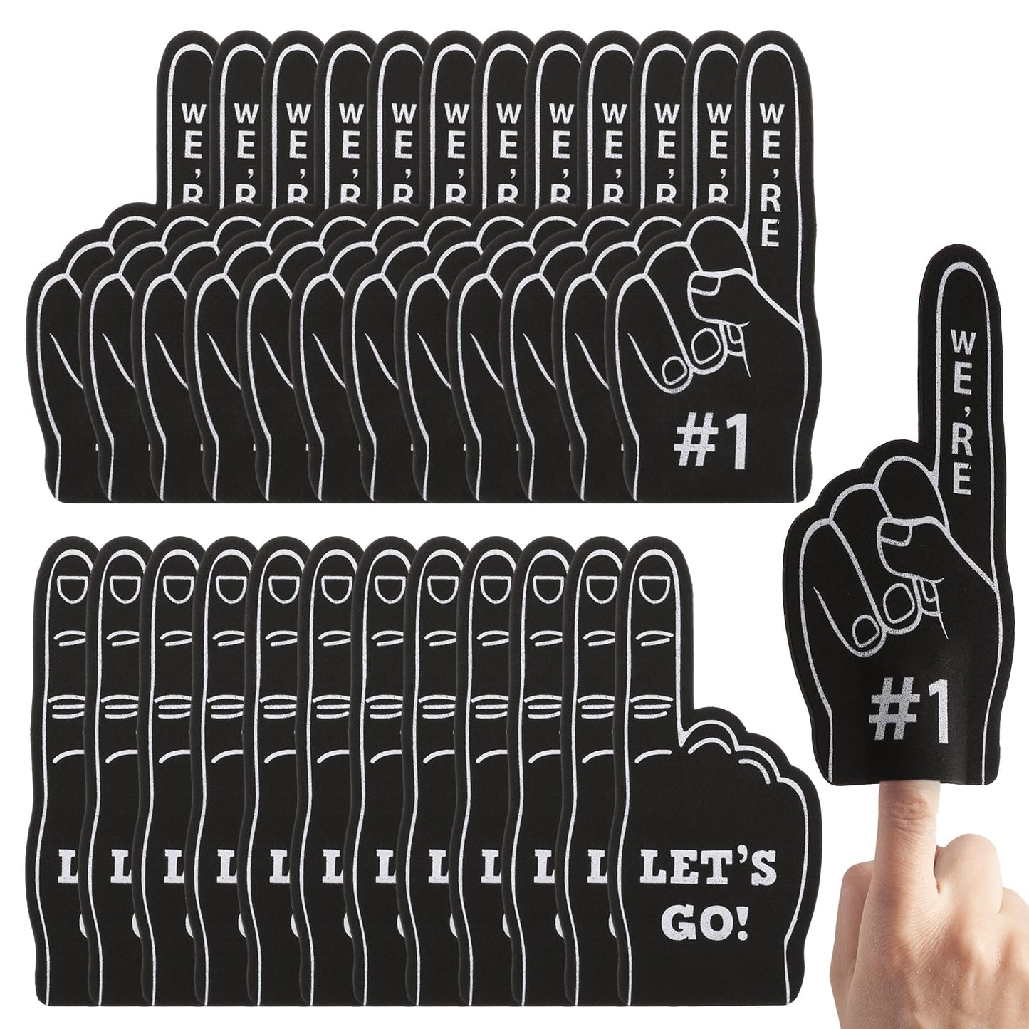 TIESOME 24 Pcs Mini Foam Finger #1 Sports Fan Foam Finger, Cheering Foam Hand for Sporting Events LET'S GO Cheerleading Celebration Sticks for Basketball Football Dance Games Party Supplies(Black)