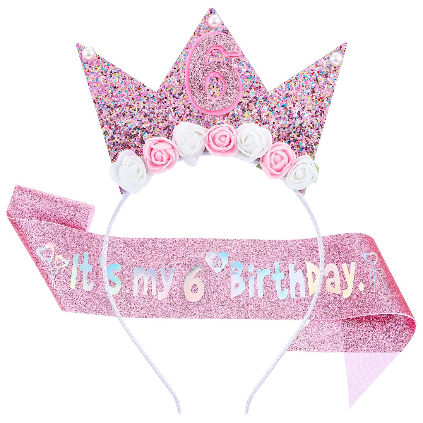 HJZHII Birthday Princess Crown and Sash Set, Glitter Flower Tiara Decorations for Girls Happy Birthday Party Headband Outfit Decor(6th)