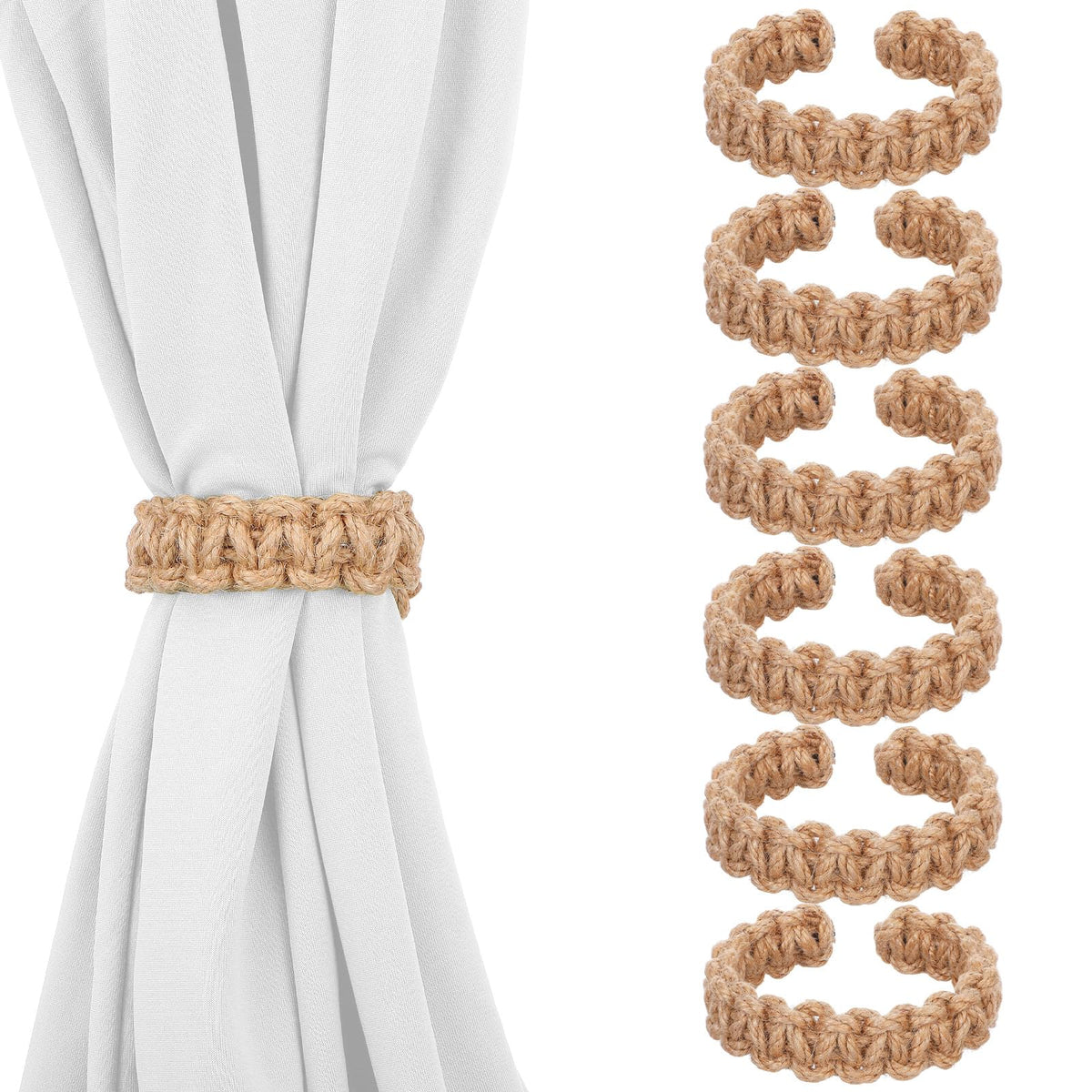 HJZHII 6 Pack Boho Braided Curtain Tiebacks, Elegant Rustic Curtain Holdbacks Tie Backs, Adjustable Curtains Ties Braided Jute Rope Curtains Tiebacks for Home Office Bedroom Window Accessories(Brown)