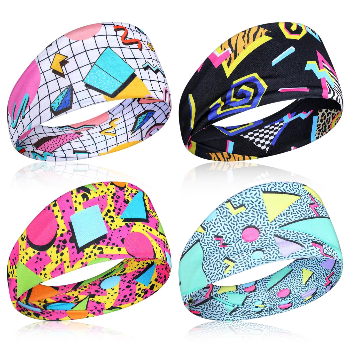 WJIAAA Headband with Retro Print, Pack of 4 Hair Bands, Women's 80s 90s Neon Workout Headbands, Neon Colours, Elastic Sweatbands, Sweat-Absorbing Sports Wide Headband