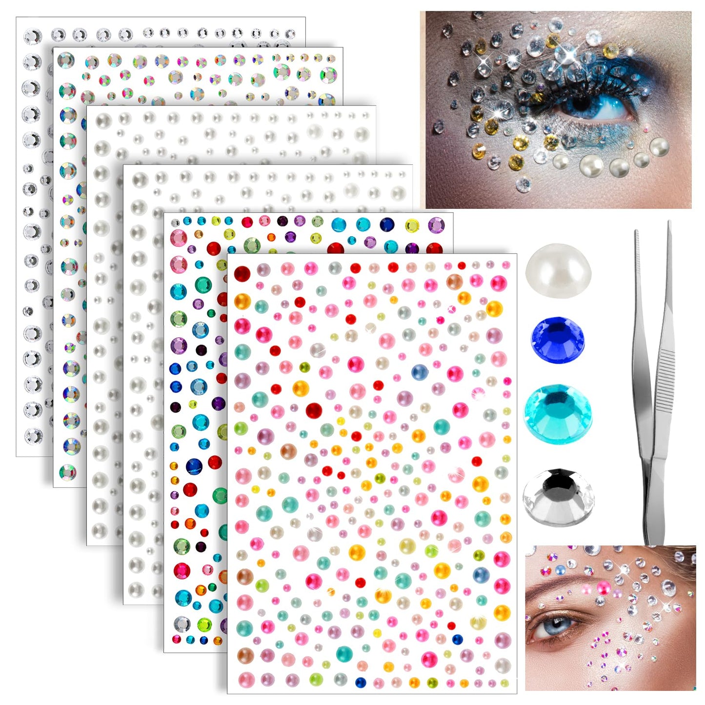 TIESOME Face Gems Self Adhesive Face Jewels, 6 Sheets Hair Gems Pearl Stick on Eye Rhinestone Diamonds Stickers with Tweezer for Makeup Festival Stick on Face Hair Eye Body Nail DIY Decoration