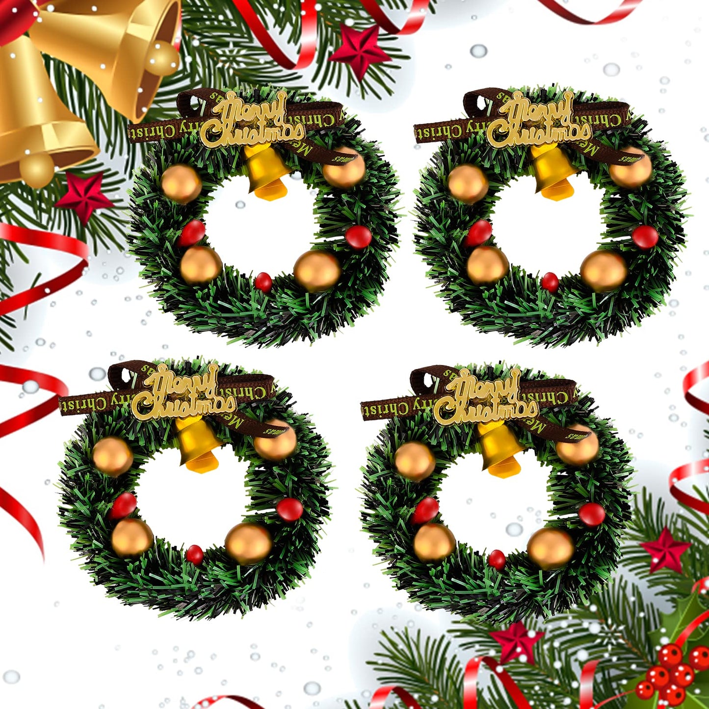 cobee Dollhouse Miniature Christmas Wreaths with Bells, 4PCS 1:12 Dollhouse Accessories Mini Holiday Wreath Christmas Decoration Miniature Scene Model Xmas Party Decor