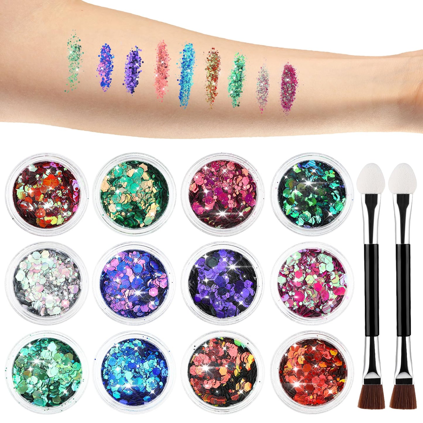 Giantree 12 Colors Glitter Sequin with 2 Brushes, Christmas Festival Glitter Face Rainbow Sequins for Nails Hair Eyes Lips Body Halloween Makeup Glitter DIY Crafts