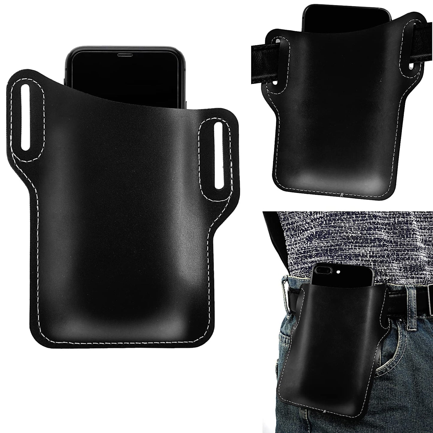 Cobee Leather Phone Holster with Belt Loop, Cell Phone Leather Holster for Men Phone Pouch Belt Loop Universal Cell Phone Case Waist Bag Sheath Purse Belt Loop Pouch Bag, 6.8" x 5.8"(Black)
