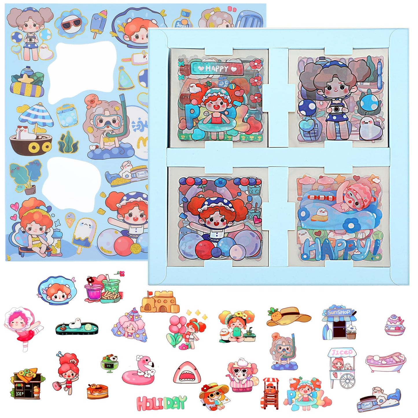 Amabro 100PCS Cute Cartoon Sticker, Kawaii Transparent Stickers PET Waterproof Water Bottle Sticker Decorative Self-Adhesive Decal for Scrapbooking DIY Skateboard Luggage Phone(Pool Party)