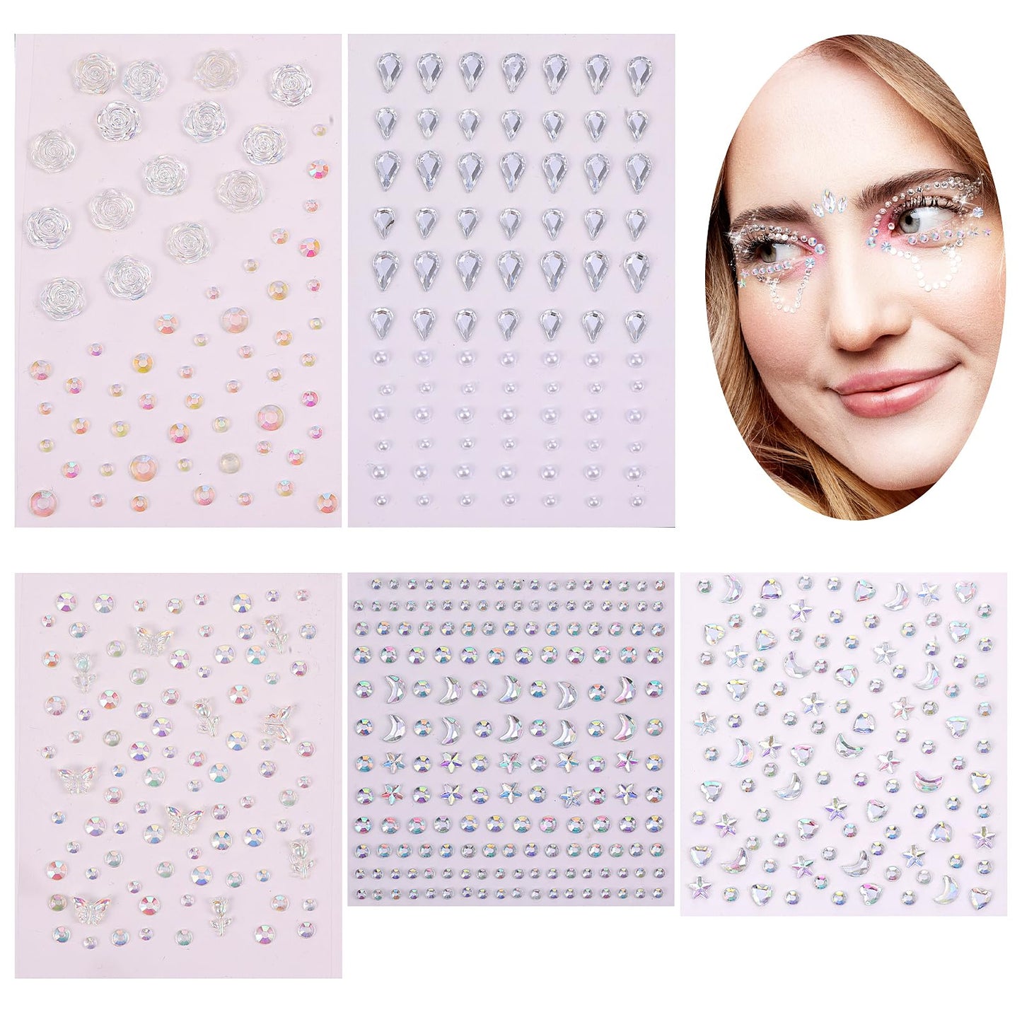 Andibro 5Sheets Self Adhesive Face Gems, Face Rhinestones Stickers Self Adhesive Rhinestone Gem Stickers for Face Nail Body Makeup Festival
