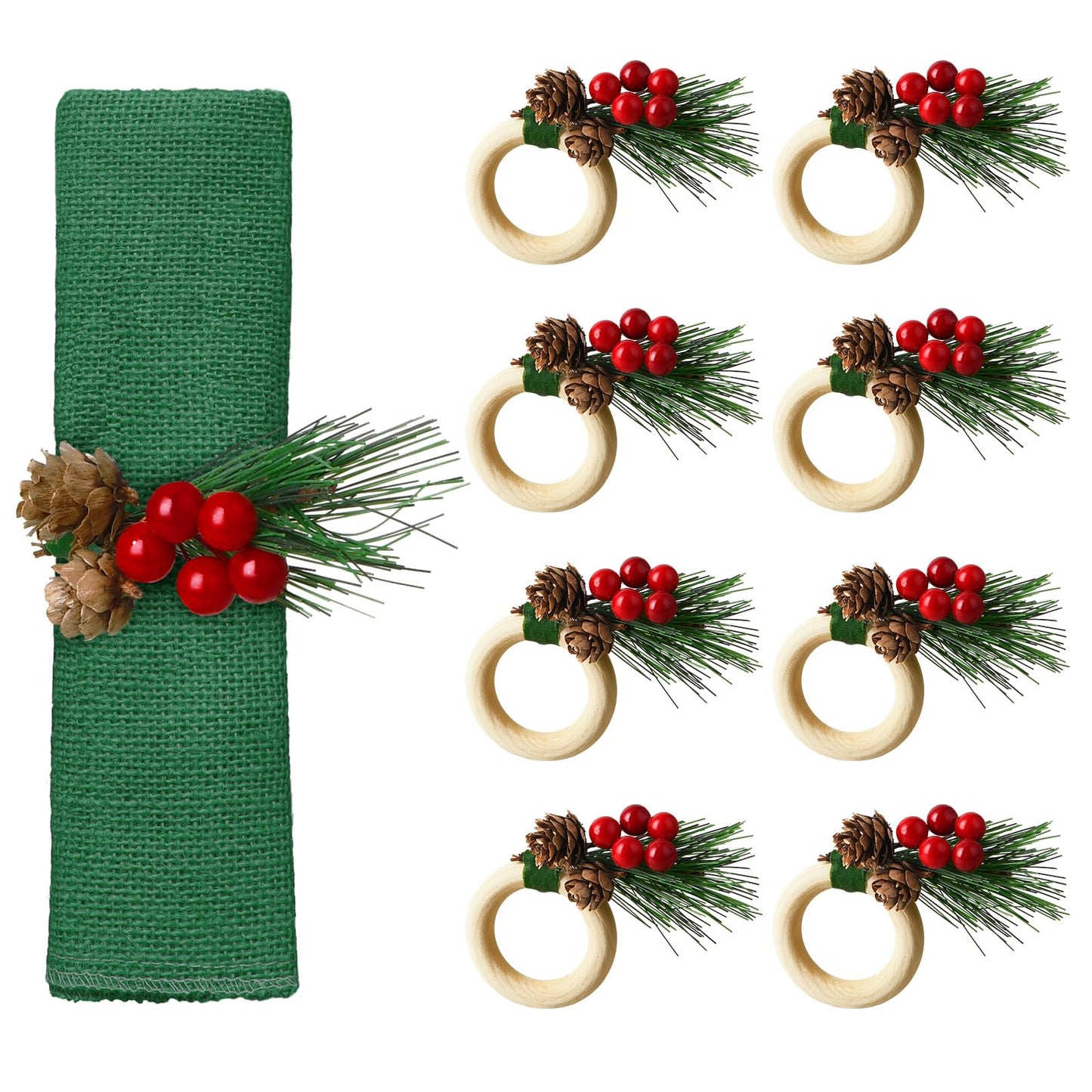 TIESOME Christmas Napkin Rings Holder, 8Pcs Xmas Pine Cones Poinsettia Wooden Napkin Holder Decor Serviette Ring Holder Buckle Santa Dinner Tables Setting Decorations for Christmas Wedding Parties