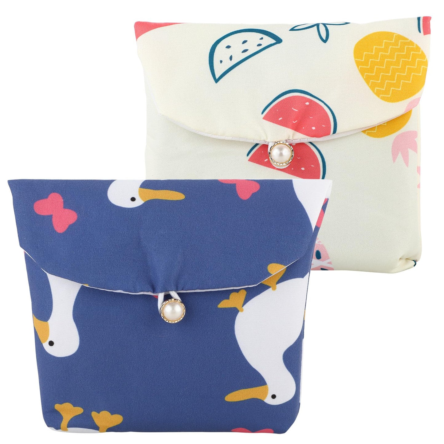 cobee Sanitary Napkin Storage Bags, 2pcs Period Pad Holder Pouch Portable Menstrual Pouch Cute Pattern Tampon Purse with Pearl Buckle Small Toiletry Bag for Women Girls(Animal, Fruit)